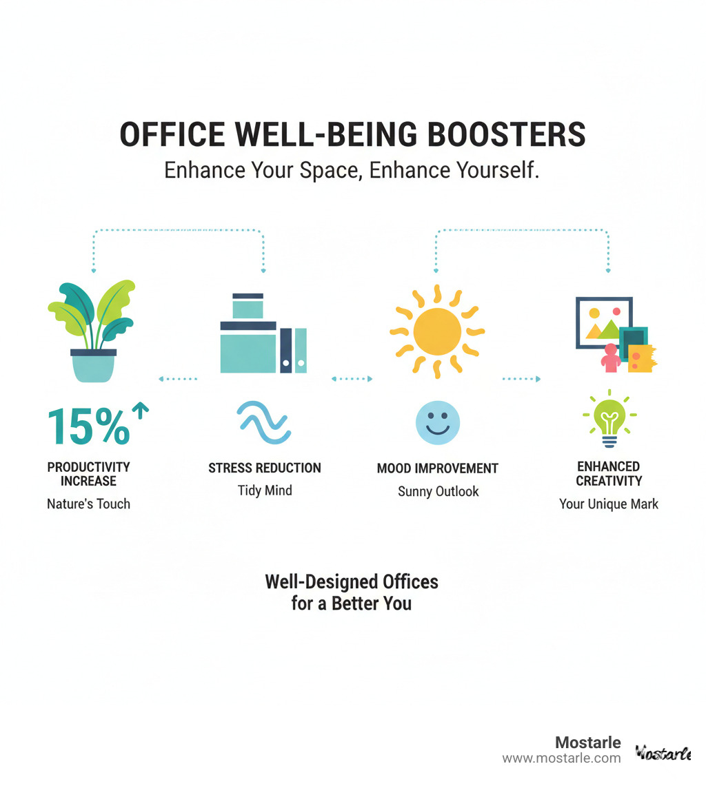 Infographic showing the psychological and productivity benefits of well-designed office spaces, including 15% productivity increase from plants, stress reduction from organization, mood improvement from natural light, and improved creativity from personalized decor elements - Unique office decor infographic Infographic showing the psychological and productivity benefits of well-designed office spaces, including 15% productivity increase from plants, stress reduction from organization, mood improvement from natural light, and improved creativity from personalized decor elements - Unique office decor infographic