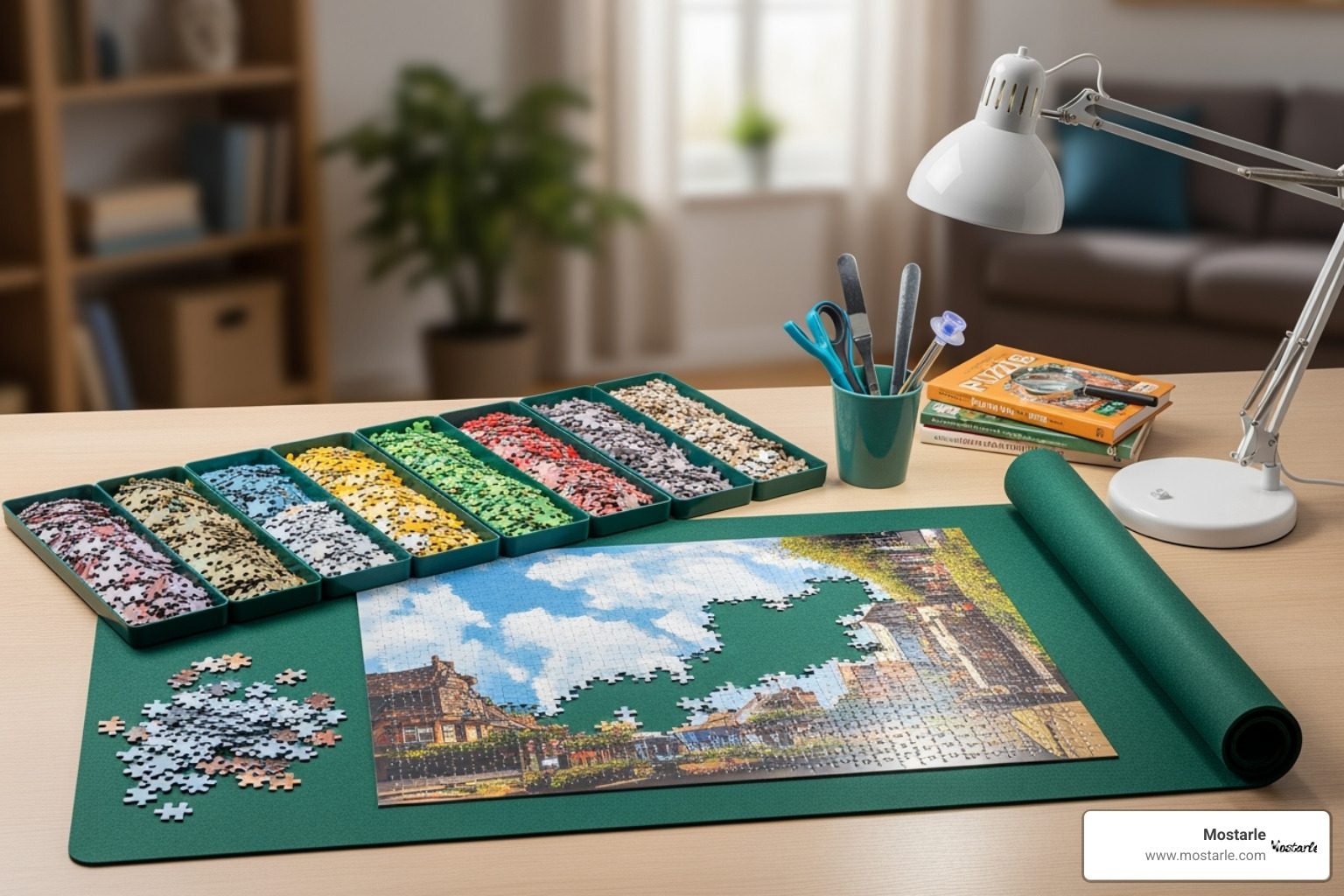 well-organized puzzle station with sorting trays and a rollup mat - puzzle gifts