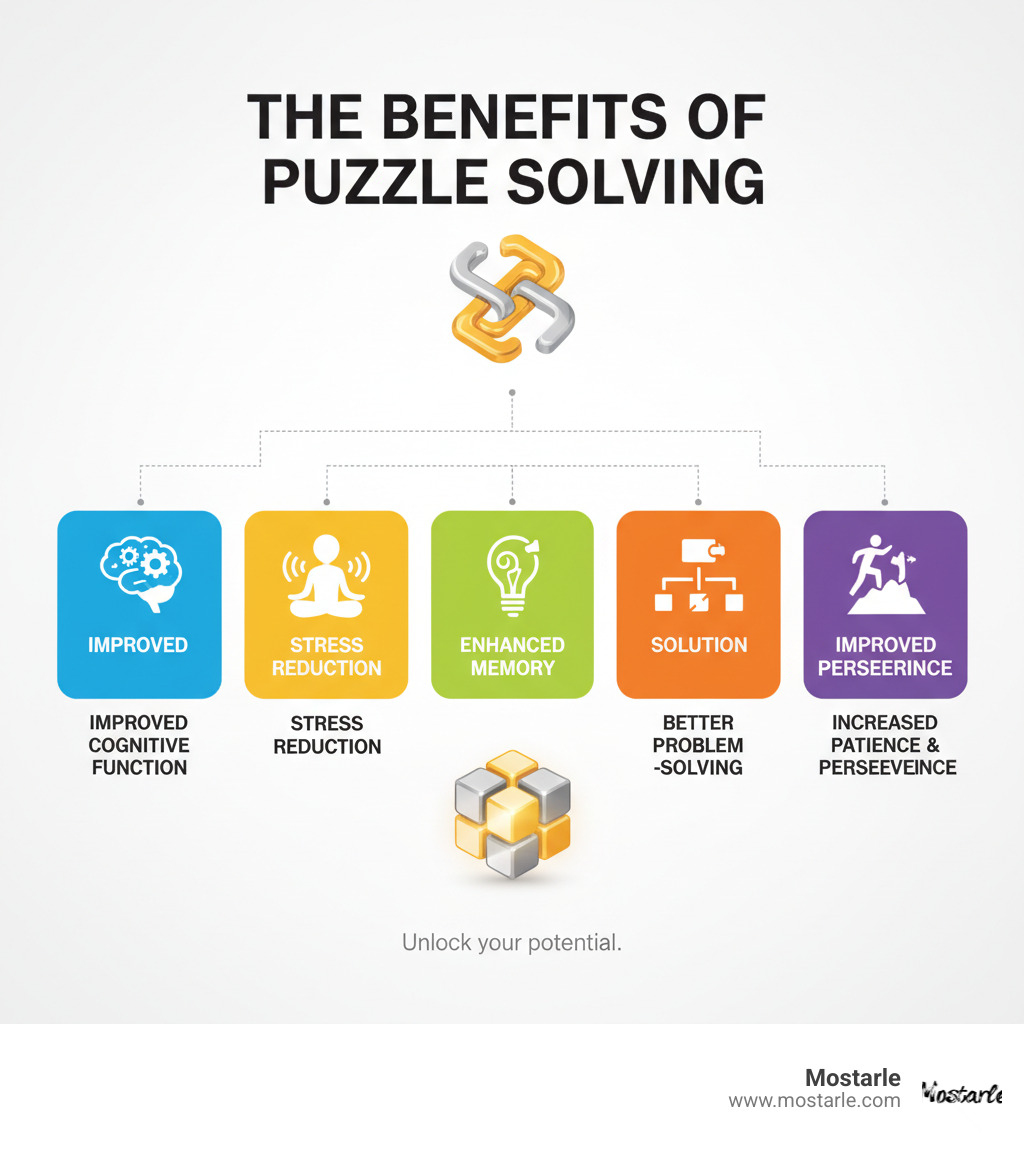 Infographic detailing the benefits of puzzle solving: improved cognitive function, stress reduction, improved memory, better problem-solving, and increased patience and perseverance - complex metal puzzles infographic 