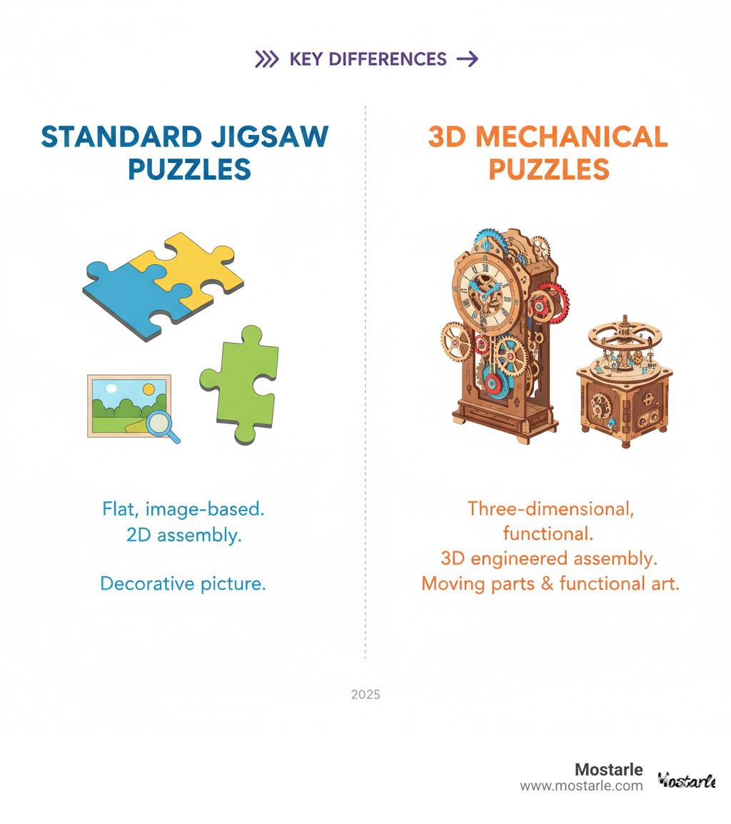 Infographic showing the key differences between standard jigsaw puzzles and 3D mechanical puzzles, featuring illustrations of flat puzzle pieces versus assembled 3D models with visible gears and moving mechanisms, highlighting the functional and decorative aspects of mechanical puzzles - 3d mechanical puzzles for adults infographic 