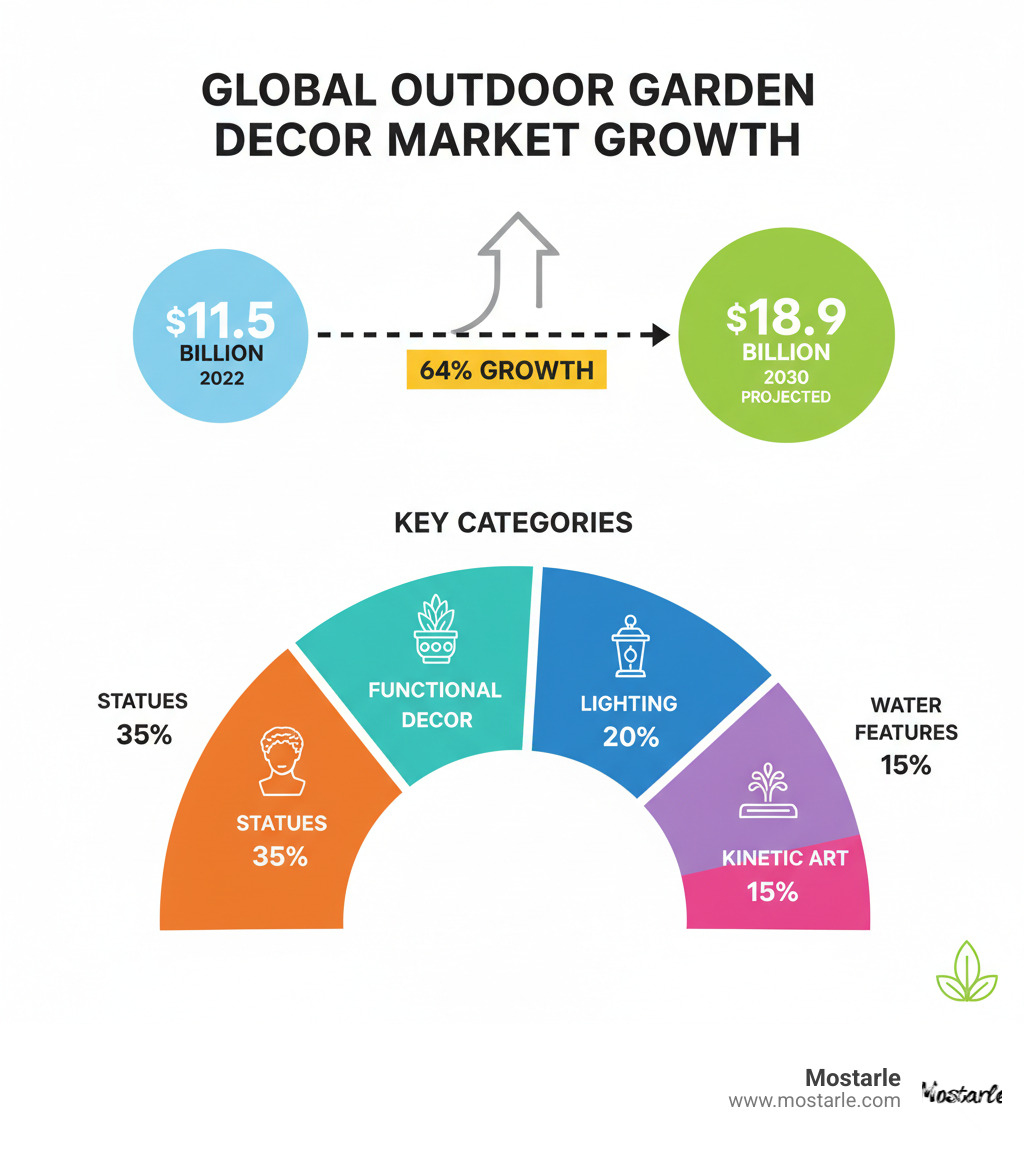 Infographic showing the growth of outdoor garden decor market from $11.5 billion in 2022 to projected $18.9 billion by 2030, with key categories including statues (35%), functional decor (25%), lighting (20%), water features (15%), and kinetic art (5%) - Outdoor garden decor infographic 