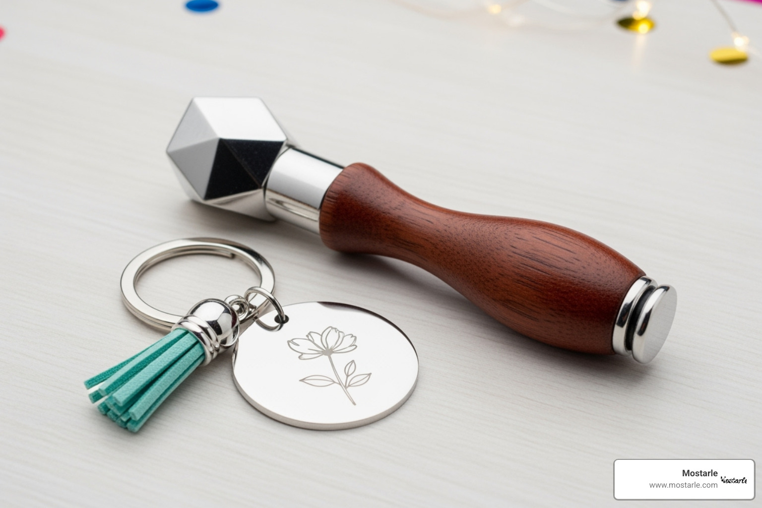 practical favors like a custom keychain and a stylish bottle stopper - unique party favor ideas for adults