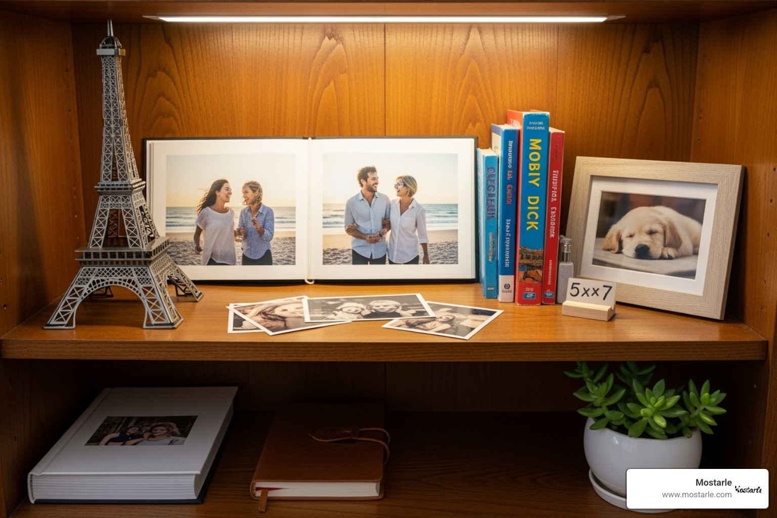 A curated shelf displaying personal photos, books, and a detailed 3D metal puzzle model - Unique office decor A curated shelf displaying personal photos, books, and a detailed 3D metal puzzle model - Unique office decor