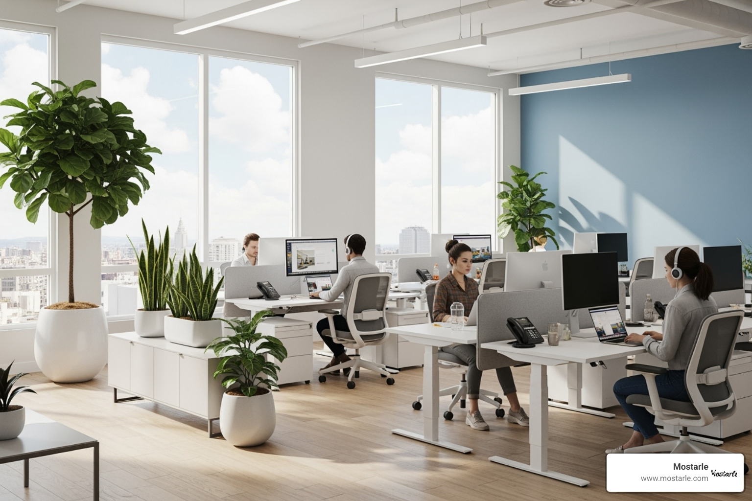 An office with abundant natural light, plants, and a calming blue accent wall - Unique office decor An office with abundant natural light, plants, and a calming blue accent wall - Unique office decor