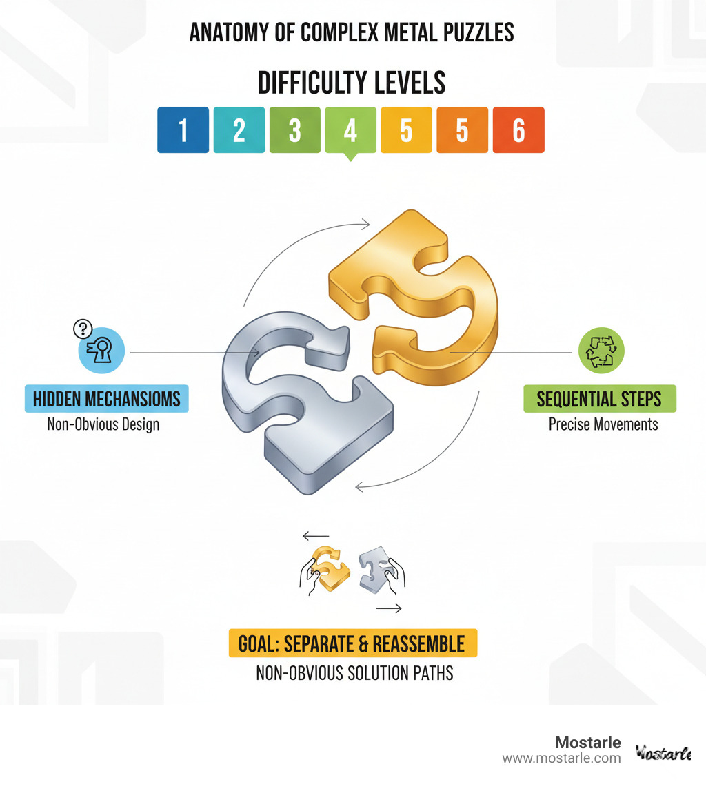 Infographic showing the anatomy of complex metal puzzles: difficulty levels from 1-6, key features like hidden mechanisms and sequential steps, and the goal of separating then reassembling intricate metal pieces through non-obvious solution paths - complex metal puzzles infographic 