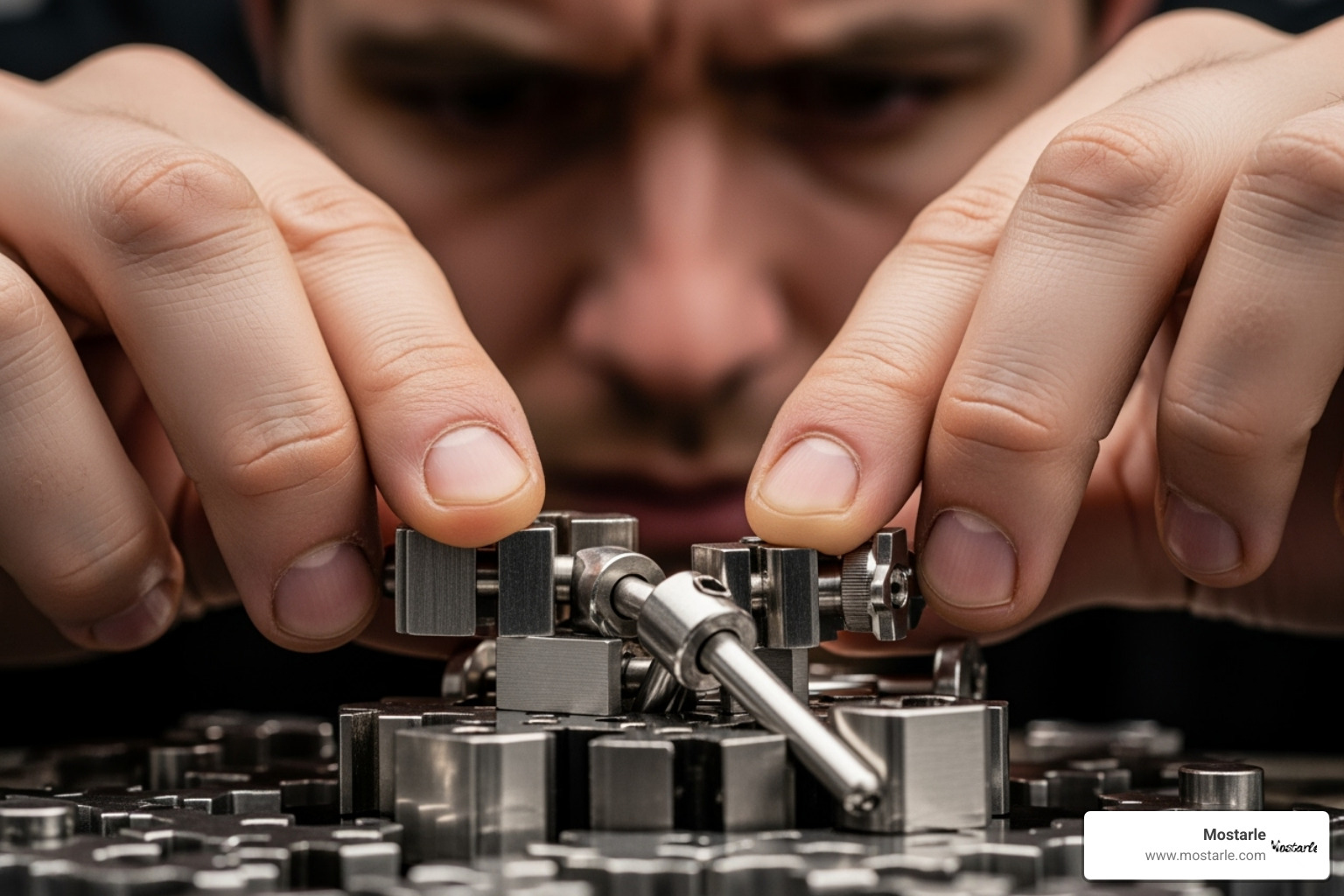 person's hands intently working on a Mostarle metal puzzle - complex metal puzzles
