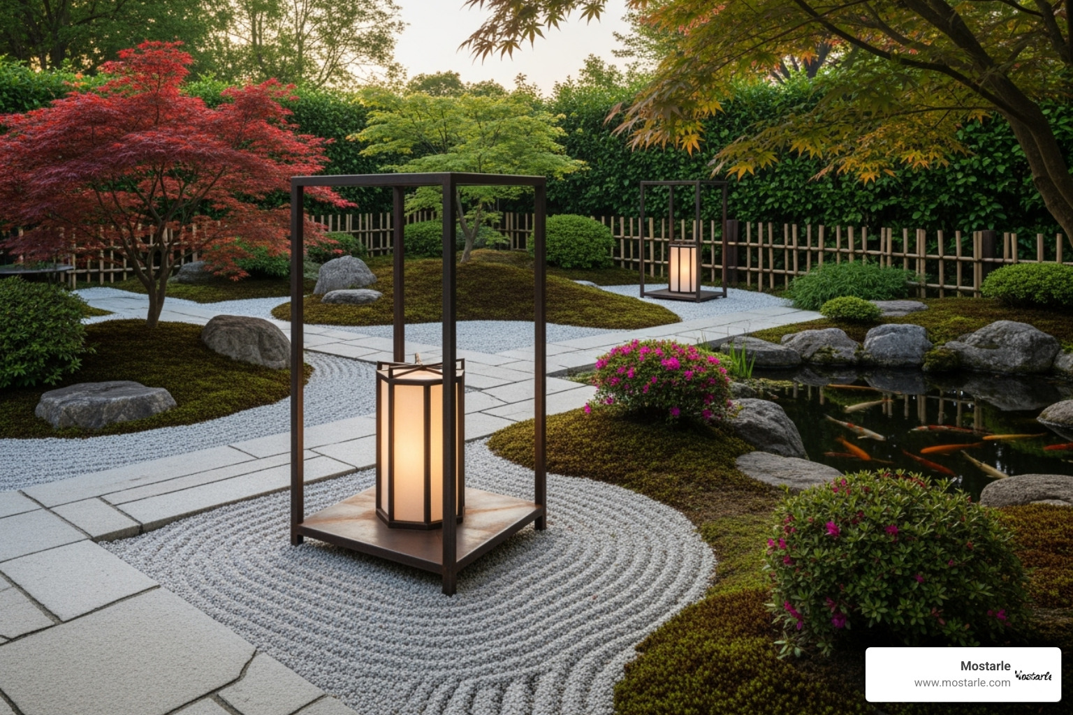 A cohesive Japanese garden featuring a Mostarle-inspired metal lantern, minimalist stone paths, and carefully placed plants, creating a serene and harmonious outdoor space. - Outdoor garden decor