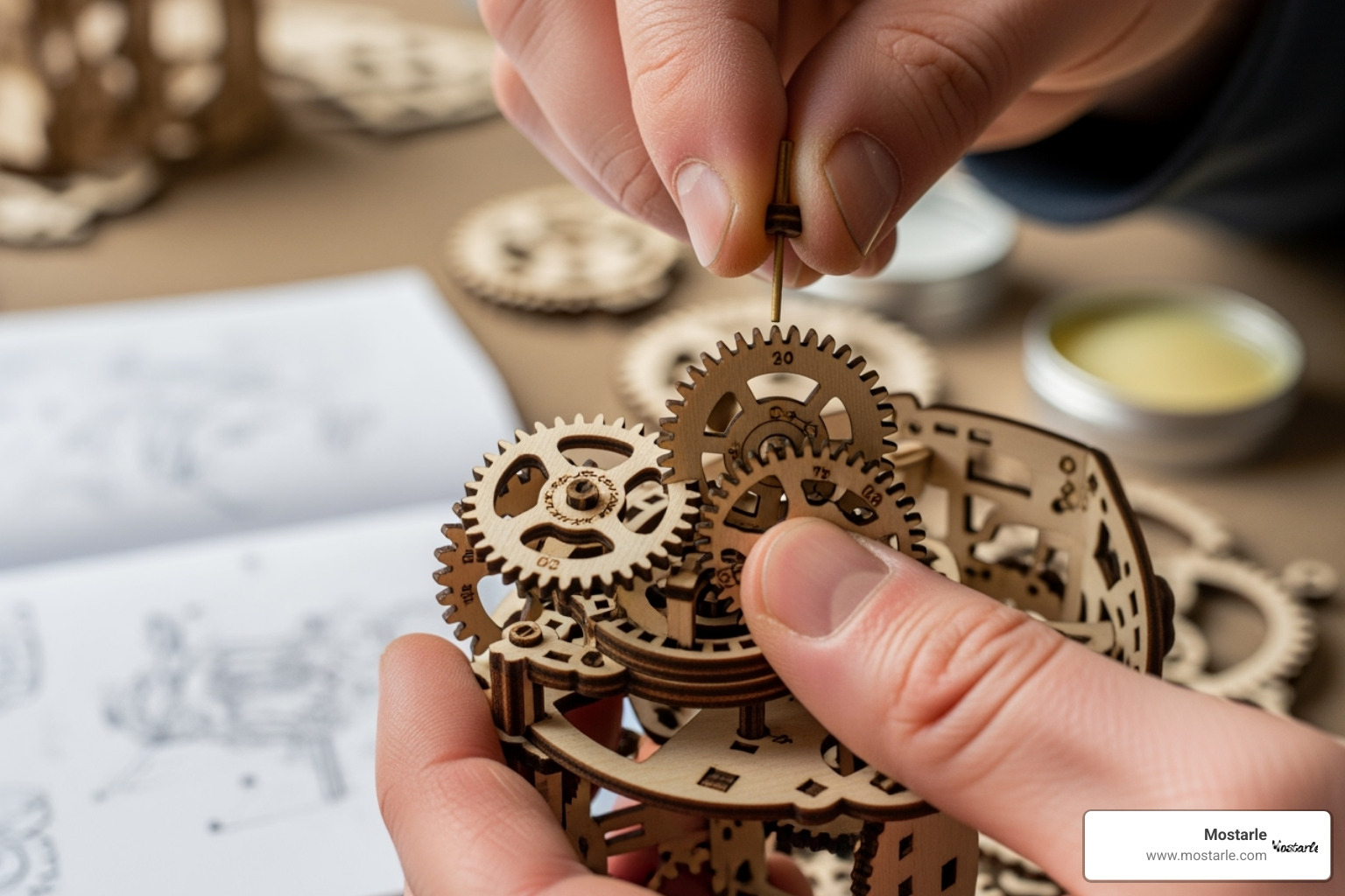 hands carefully assembling a complex gear mechanism from a Mostarle puzzle kit - 3d mechanical puzzles for adults