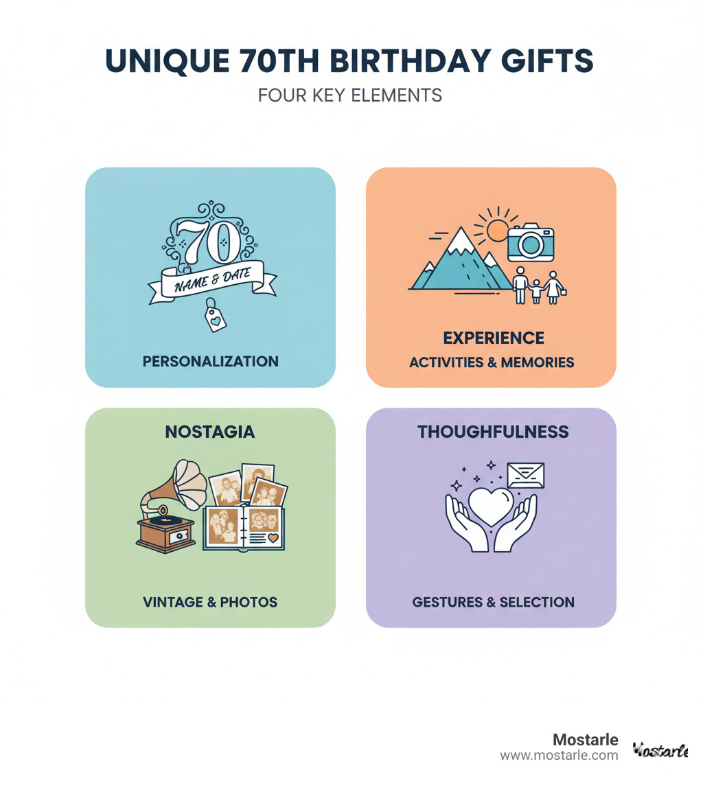 Infographic showing four key elements of unique 70th birthday gifts: Personalization with custom names and dates, Experience-based activities that create memories, Nostalgia through vintage items and family photos, and Thoughtfulness demonstrated through meaningful gestures and careful selection - unique 70th birthday gifts for her infographic 