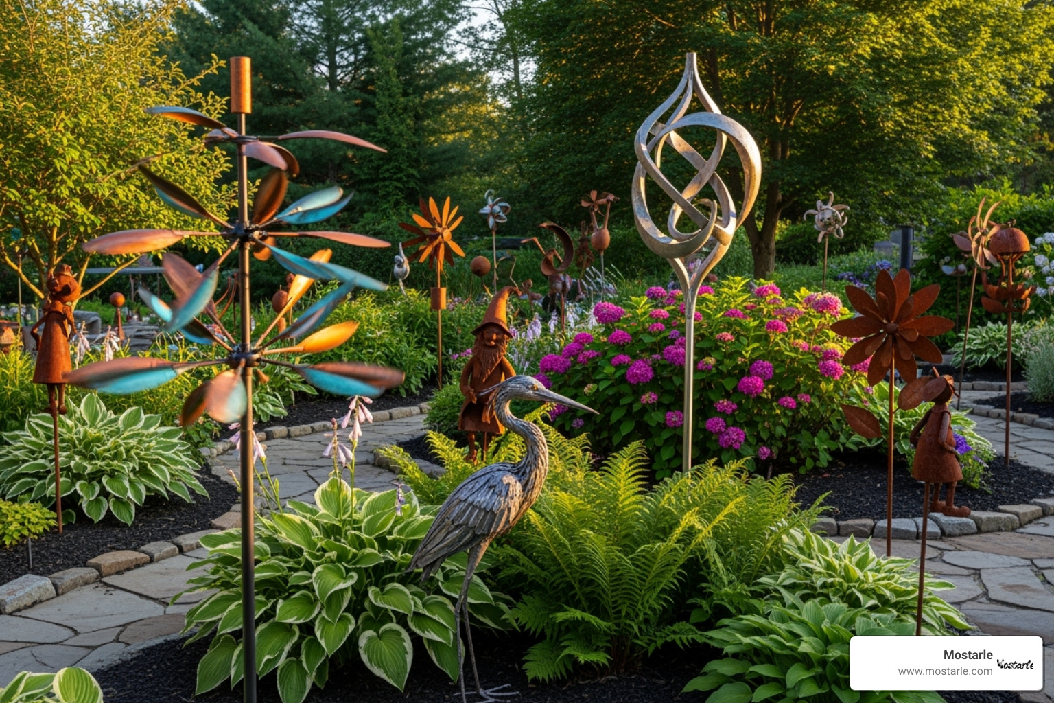 A garden showcasing various Mostarle metal art pieces like wind spinners and small statues, creating a cohesive and artistic outdoor space. - Outdoor garden decor