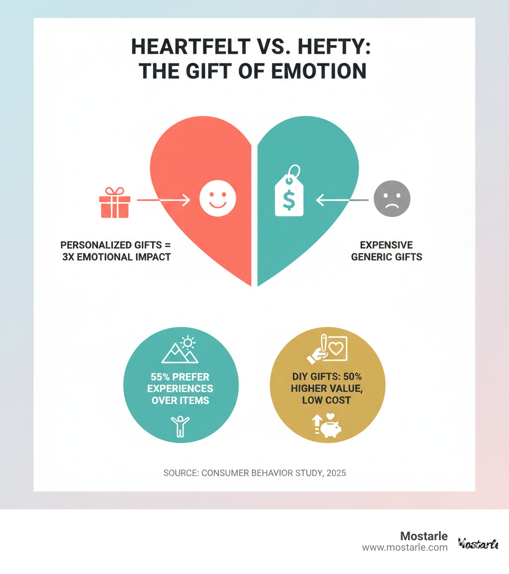 Infographic showing that personalized gifts create 3x more emotional impact than expensive generic gifts, with 55% of people preferring experiences over material items, and DIY gifts being valued 50% higher than store-bought equivalents while costing significantly less - cheap romantic gifts for her infographic 