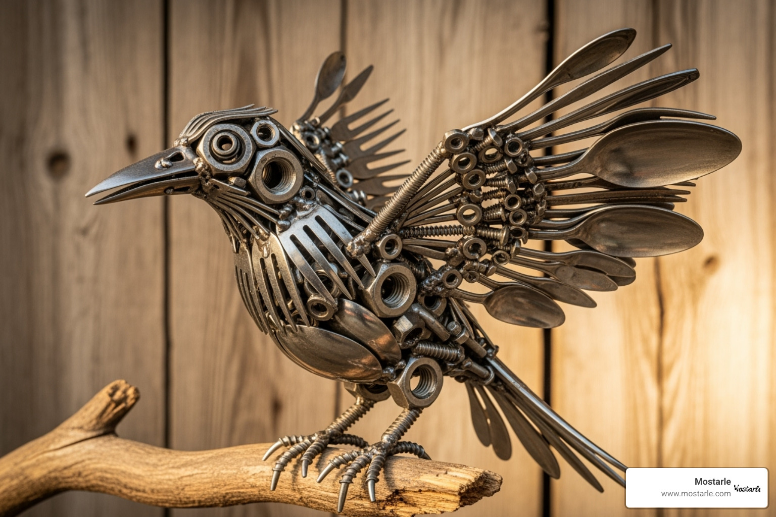 Escultura de un pájaro o un insecto hecha con tuercas, tornillos y cubiertos - Arte con herramientas viejas