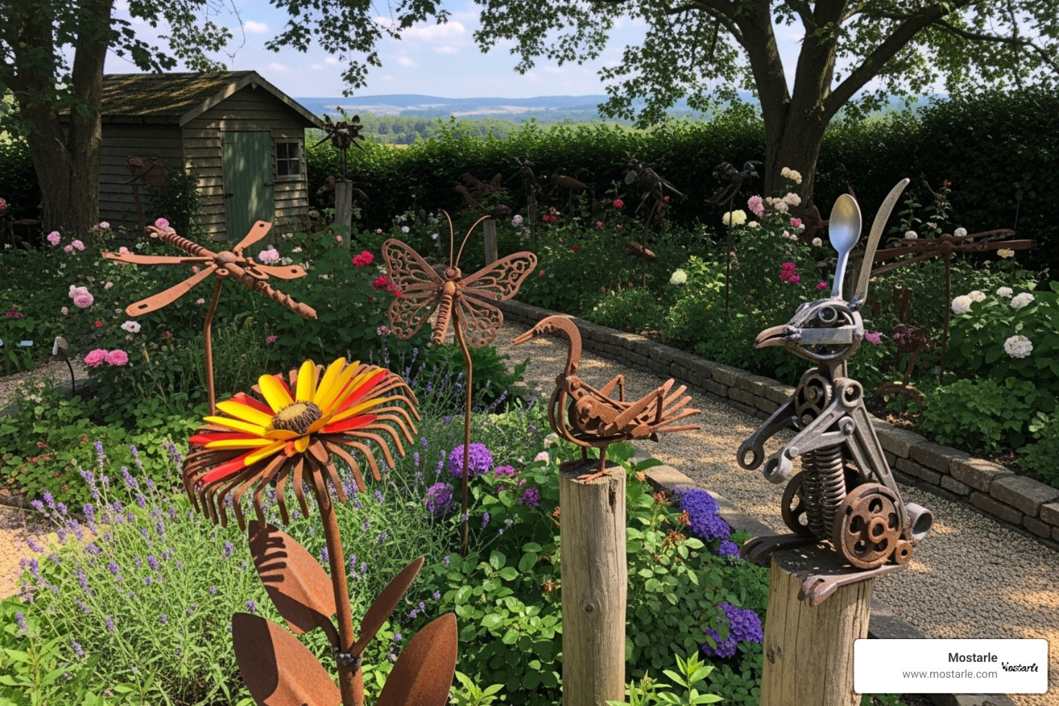Jardín decorado con herramientas antiguas convertidas en flores o animales - Arte con herramientas viejas