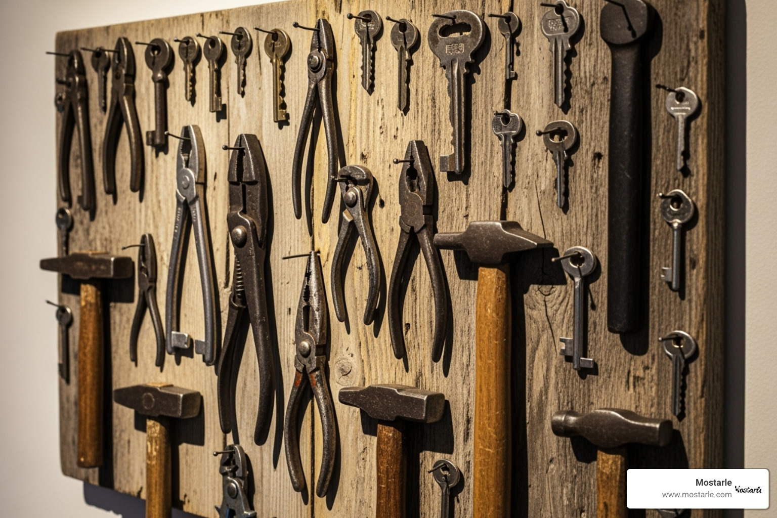 Cuadro o collage de pared hecho con llaves, alicates y martillos sobre madera recuperada - Arte con herramientas viejas