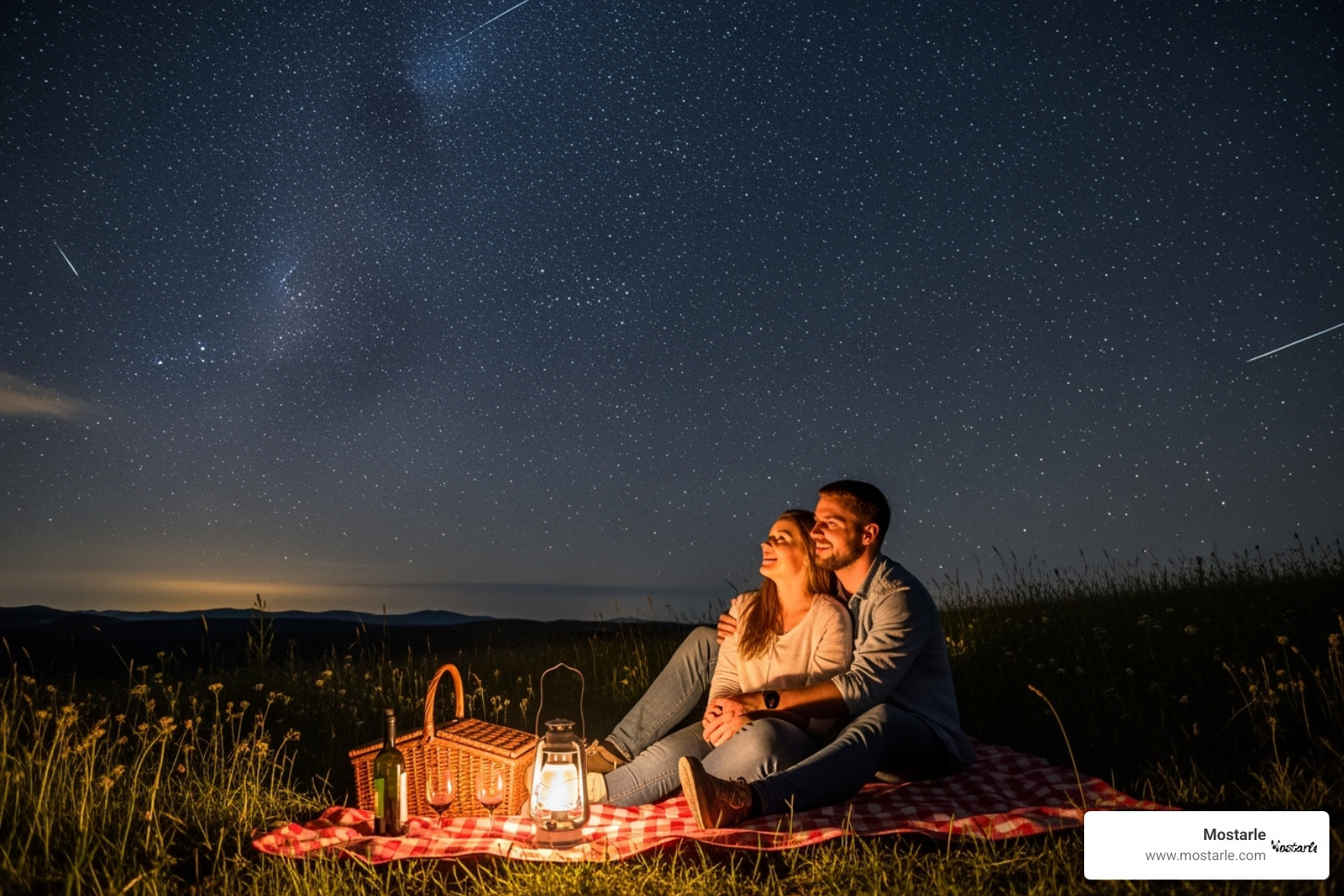 A couple enjoying a romantic picnic blanket under the stars - cheap romantic gifts for her