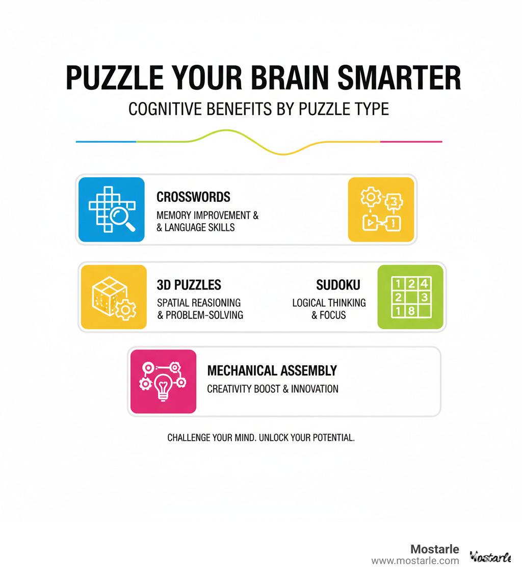 Infographic showing cognitive benefits of different puzzle types including memory improvement from crosswords, spatial reasoning from 3D puzzles, logical thinking from Sudoku, and creativity improvement from mechanical assembly puzzles - Brain stimulating puzzles infographic 