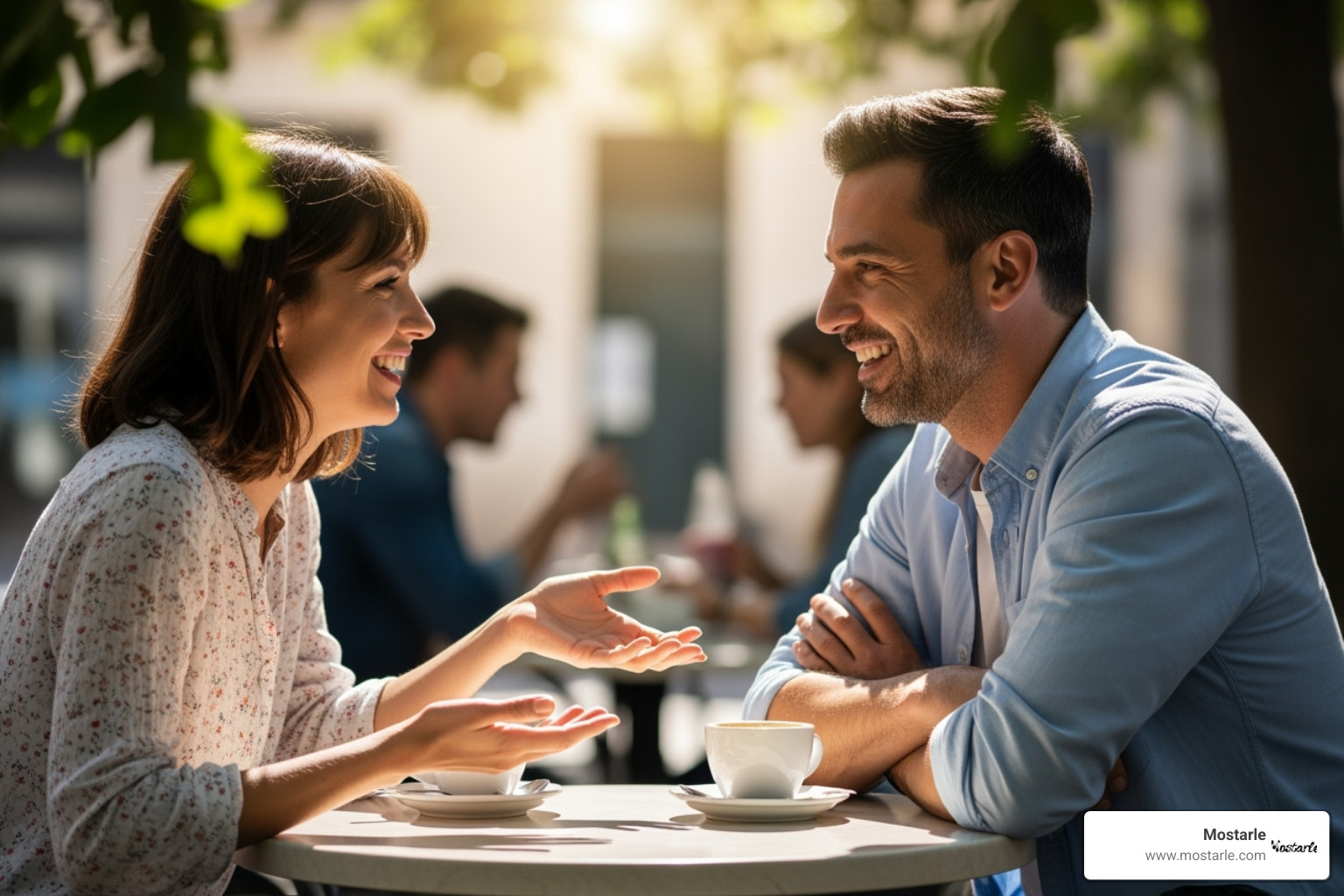 Two people showing positive body language in a conversation - unique conversation starters