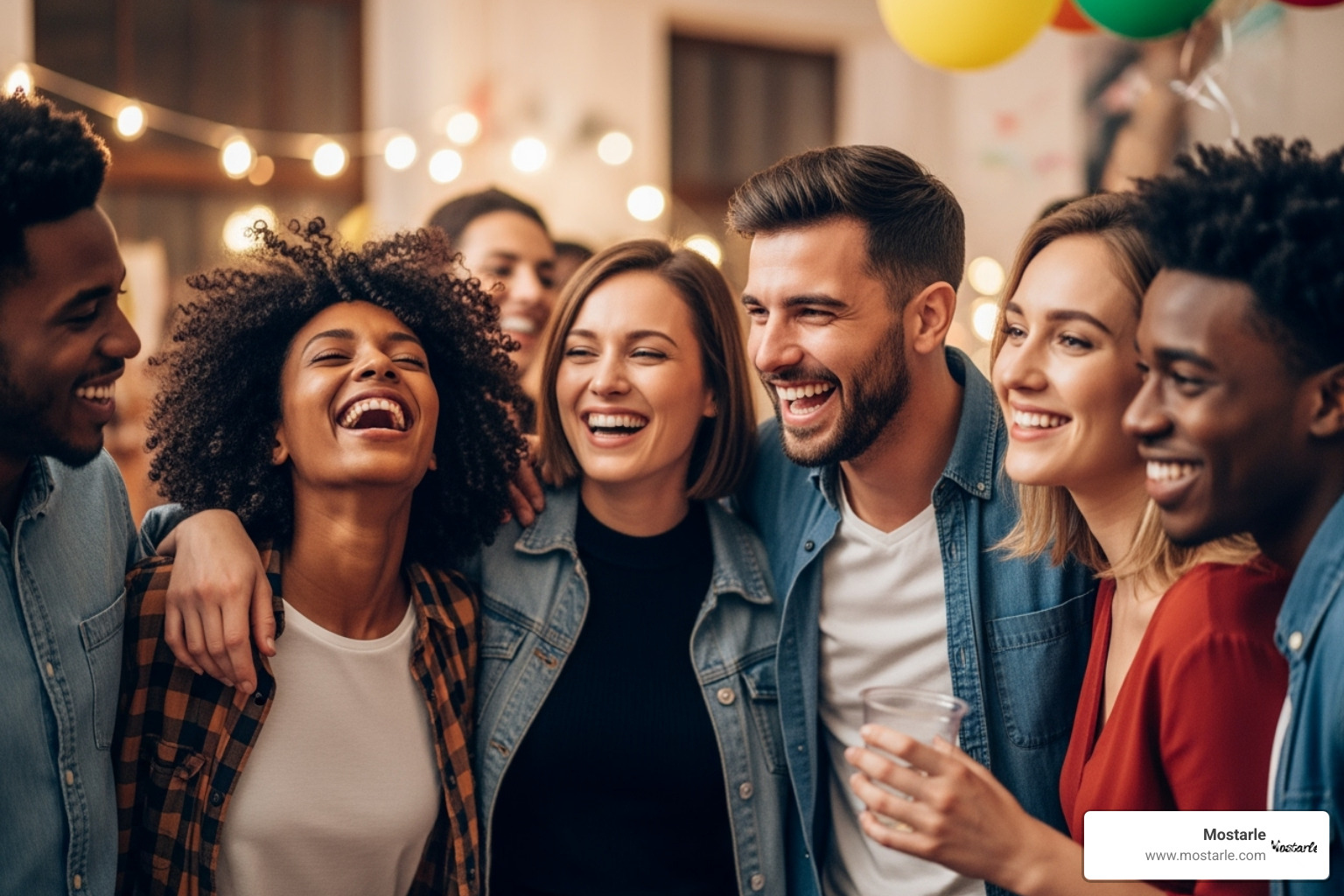 A diverse group of friends laughing together at a party - unique conversation starters