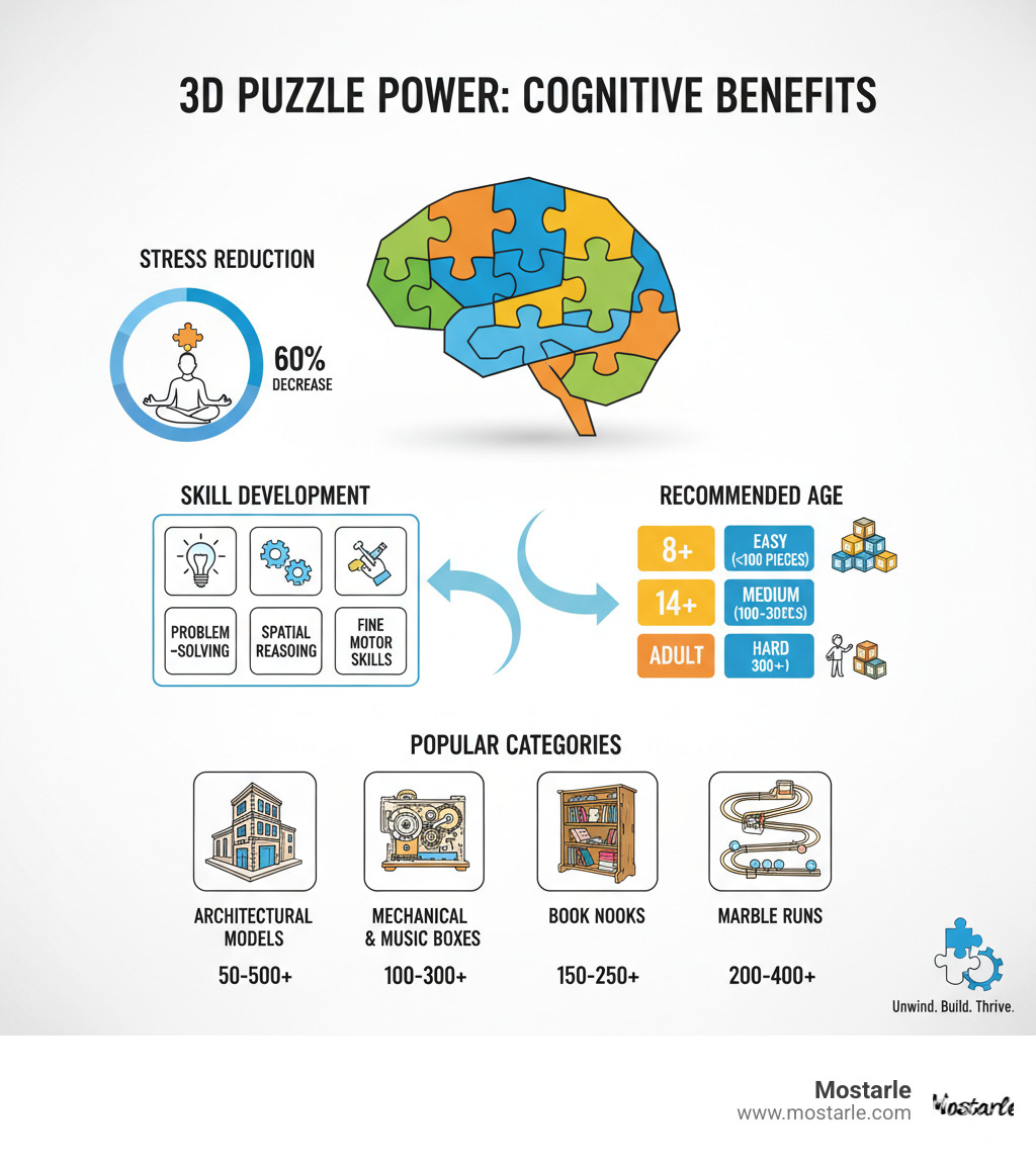 Comprehensive infographic showing the cognitive benefits of 3D DIY puzzle assembly including stress reduction percentages, skill development areas like spatial reasoning and problem-solving, recommended age ranges with difficulty levels, and popular puzzle categories with piece counts - 3d diy puzzle infographic 