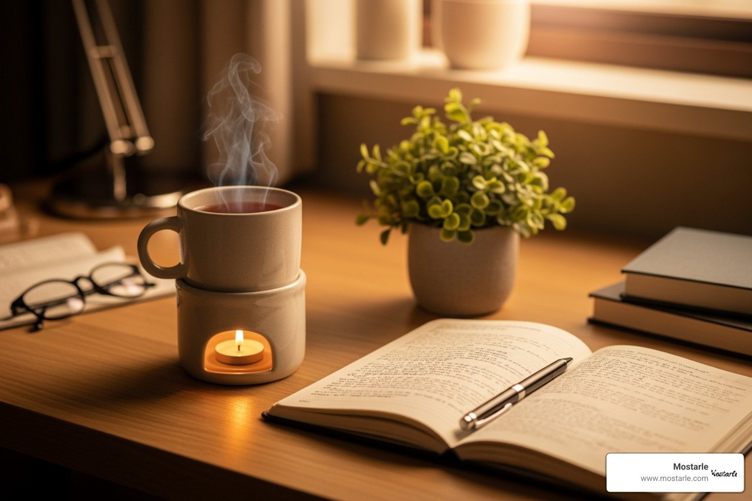 a cozy desk setup featuring a mug warmer, a journal, and a small plant - cool cheap christmas gifts a cozy desk setup featuring a mug warmer, a journal, and a small plant - cool cheap christmas gifts
