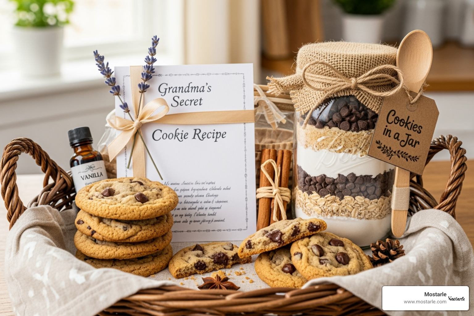 a DIY gift basket with homemade cookies, a recipe card, and a decorated jar mix - cool cheap christmas gifts a DIY gift basket with homemade cookies, a recipe card, and a decorated jar mix - cool cheap christmas gifts