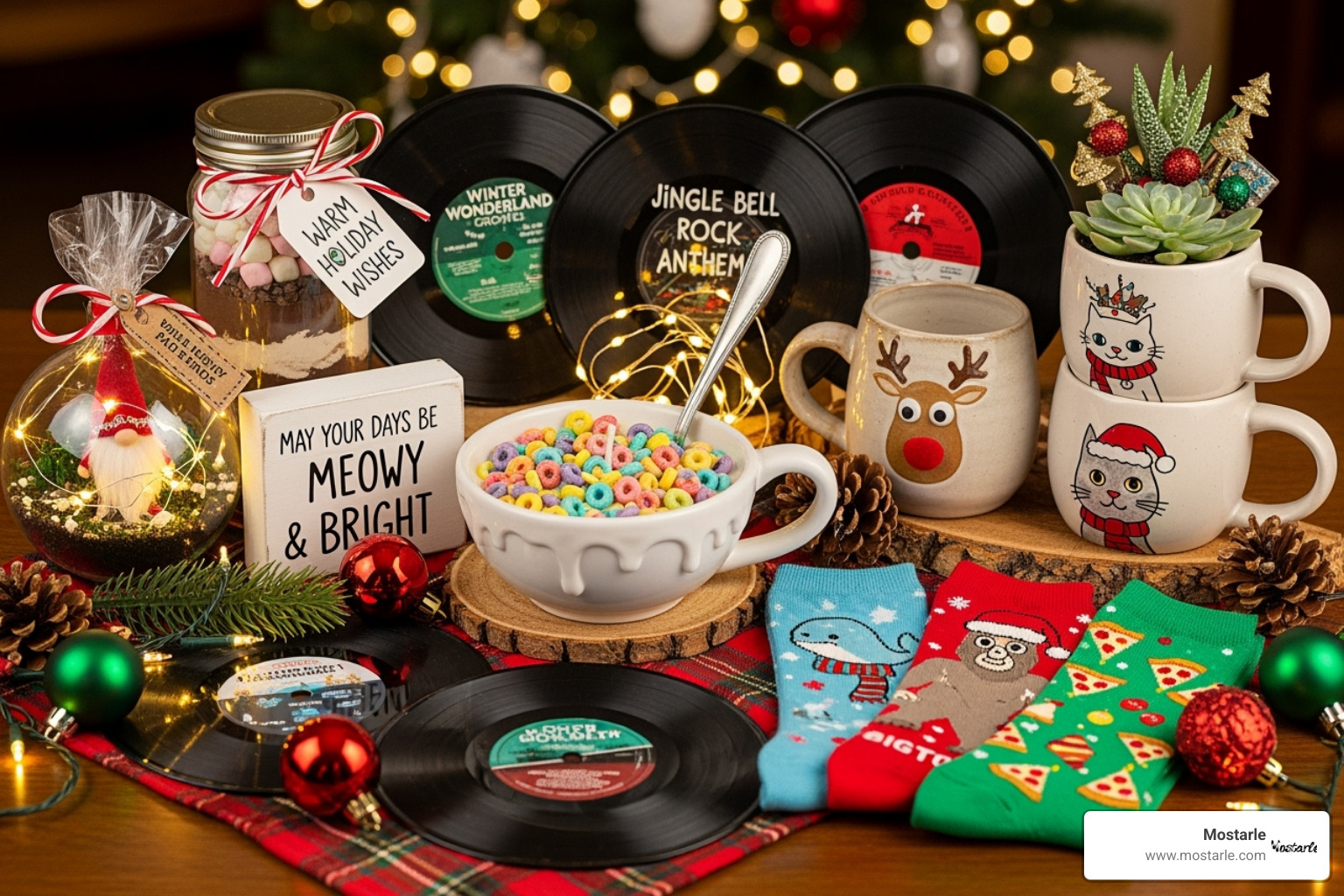 a collection of unique and quirky gifts like a cereal bowl candle and upcycled record coasters - cool cheap christmas gifts a collection of unique and quirky gifts like a cereal bowl candle and upcycled record coasters - cool cheap christmas gifts