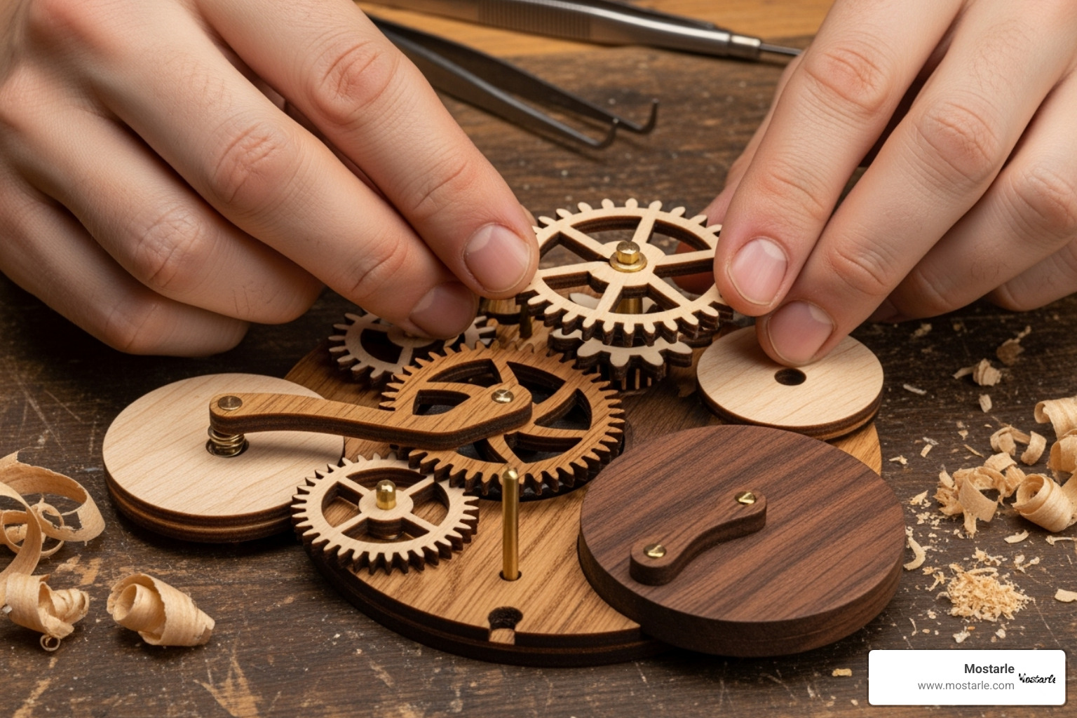 Hands assembling a complex gear mechanism - 3d diy puzzle