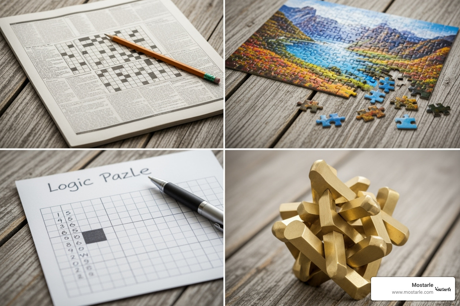 collage showing different types of puzzles: a crossword, a jigsaw, a logic grid, and a mechanical puzzle - Brain stimulating puzzles