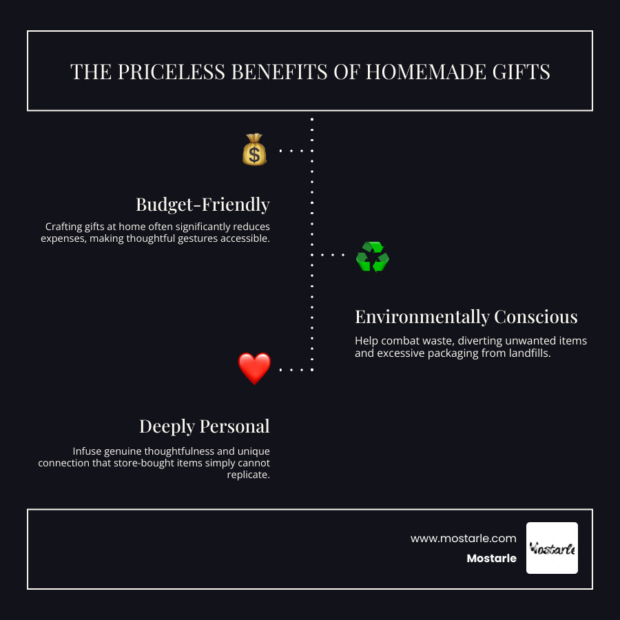 Benefits of homemade gifts including cost savings, personalization, environmental impact, and emotional value compared to store-bought alternatives - cool homemade gifts infographic infographic-line-3-steps-dark
