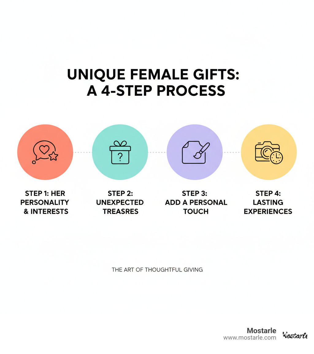 Infographic showing a 4-step process: Step 1 - Consider her personality and interests, Step 2 - Think about what she wouldn't buy herself, Step 3 - Add a personal touch through customization, Step 4 - Focus on experiences or items that create lasting memories - unique female gifts infographic 