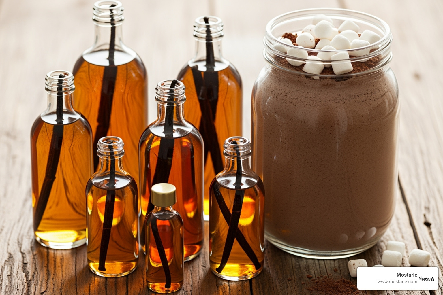 homemade vanilla extract bottles and a jar of hot cocoa mix - cool homemade gifts