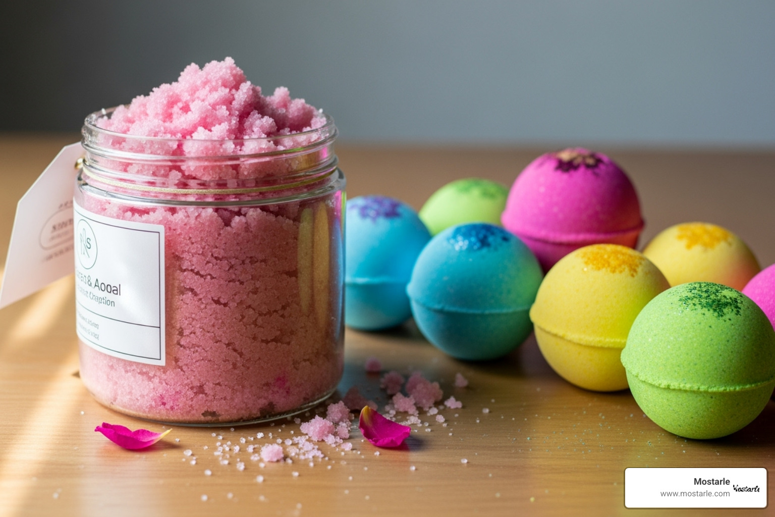 DIY sugar scrub in a jar next to homemade bath bombs - cool homemade gifts