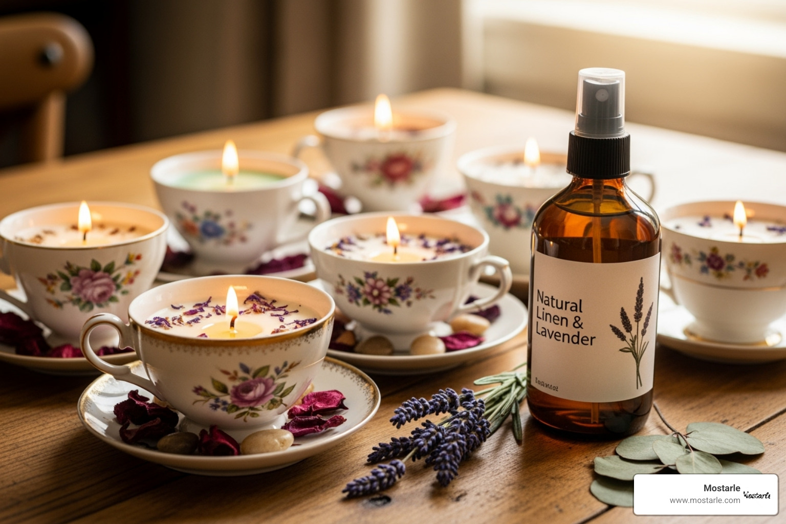 DIY teacup candles and a natural room spray bottle - cool homemade gifts