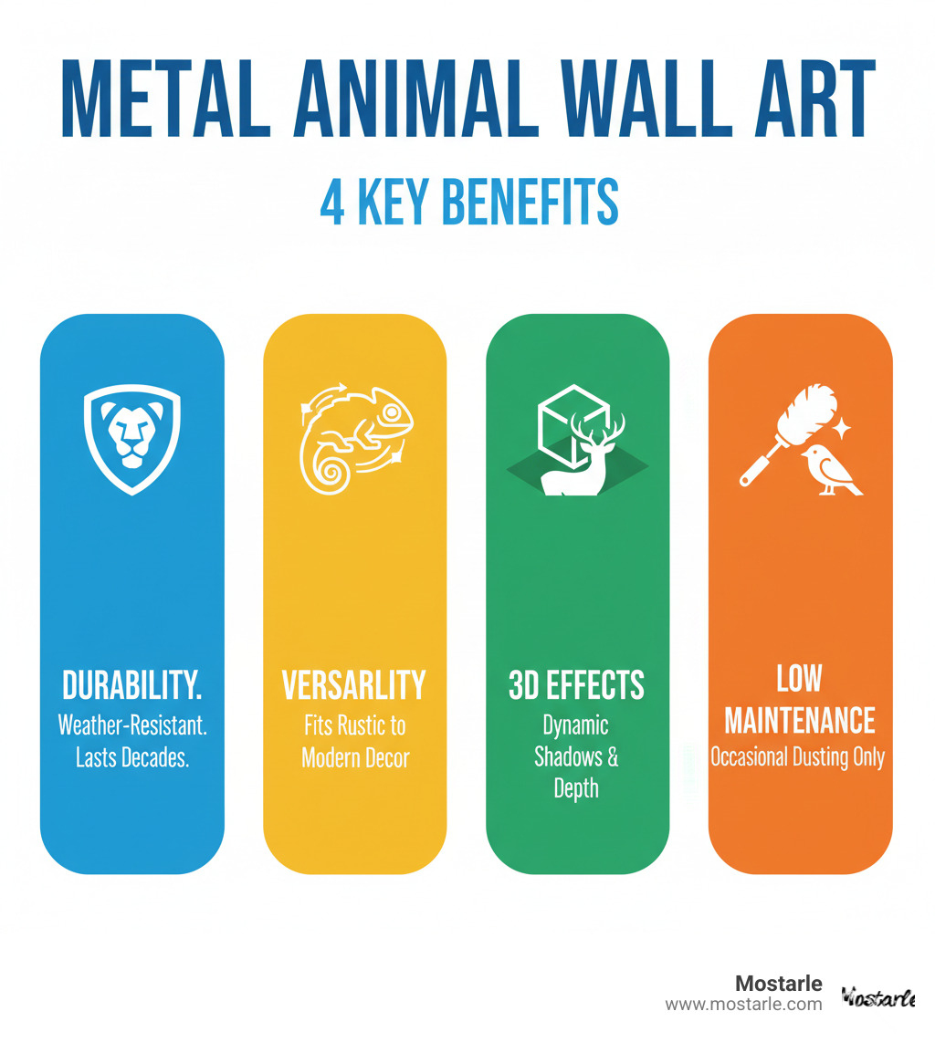 Infographic showing the four key benefits of metal animal wall art: durability with weather-resistant materials lasting decades, versatility fitting rustic to modern decor styles, three-dimensional effects creating dynamic shadows and depth, and low maintenance requiring only occasional dusting - Metal animal wall art infographic Infographic showing the four key benefits of metal animal wall art: durability with weather-resistant materials lasting decades, versatility fitting rustic to modern decor styles, three-dimensional effects creating dynamic shadows and depth, and low maintenance requiring only occasional dusting - Metal animal wall art infographic