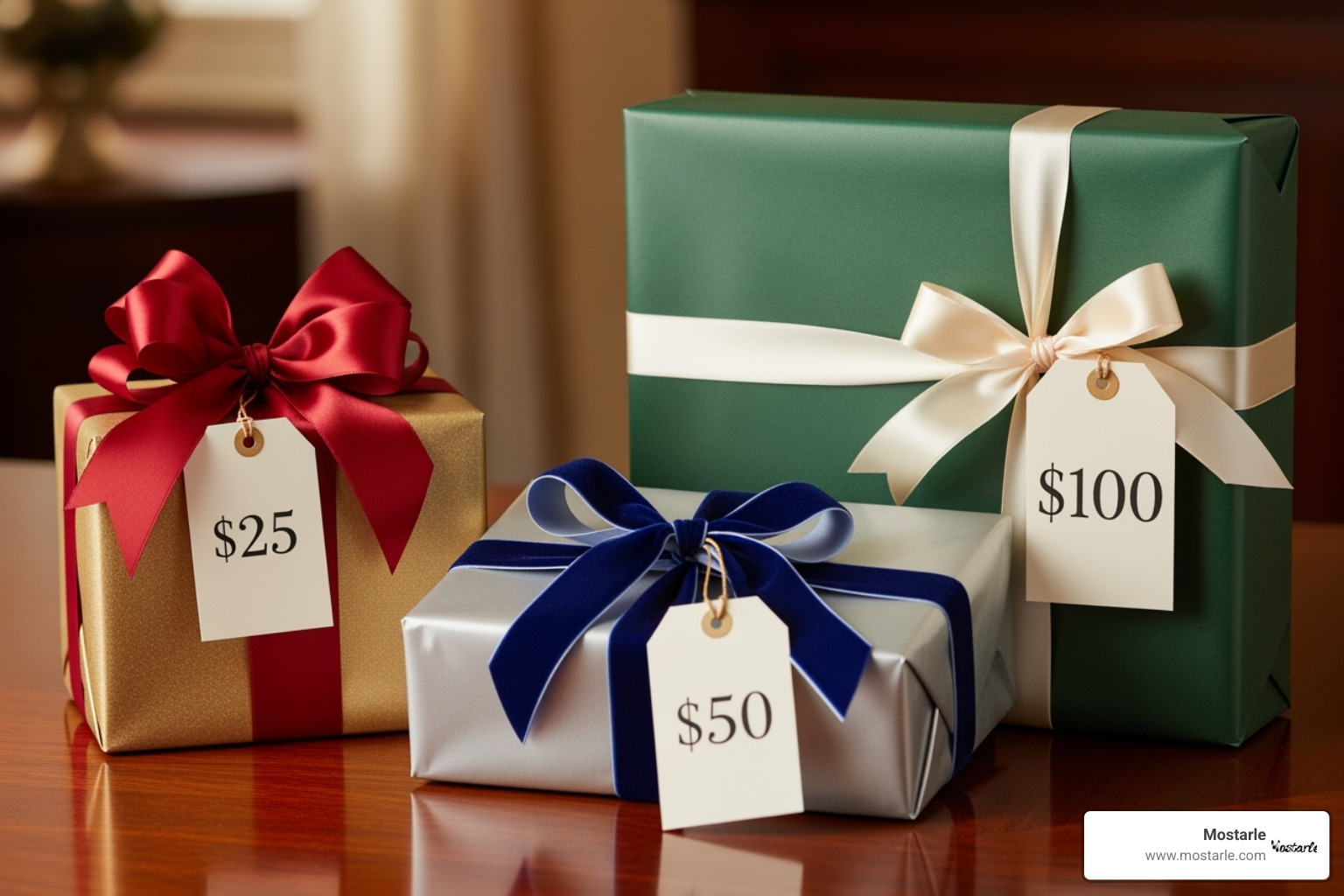 three attractively wrapped gifts with price tags of $25, $50, and $100 - unique female gifts