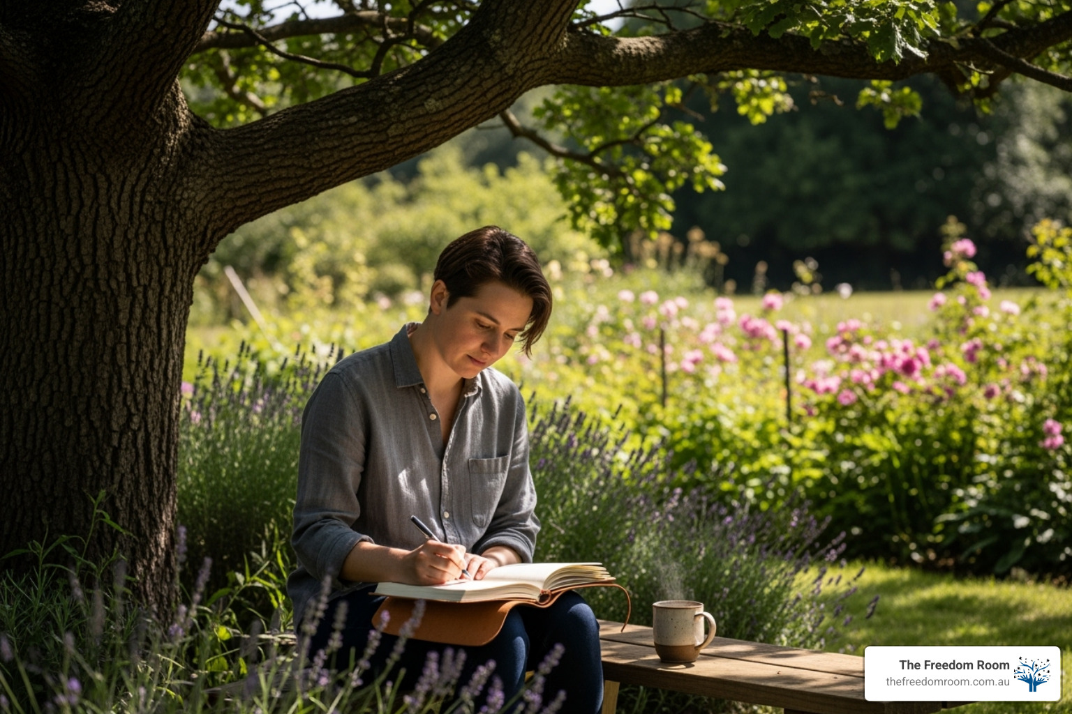 Young person practising self-care by journaling outdoors following their individual therapy sessions.