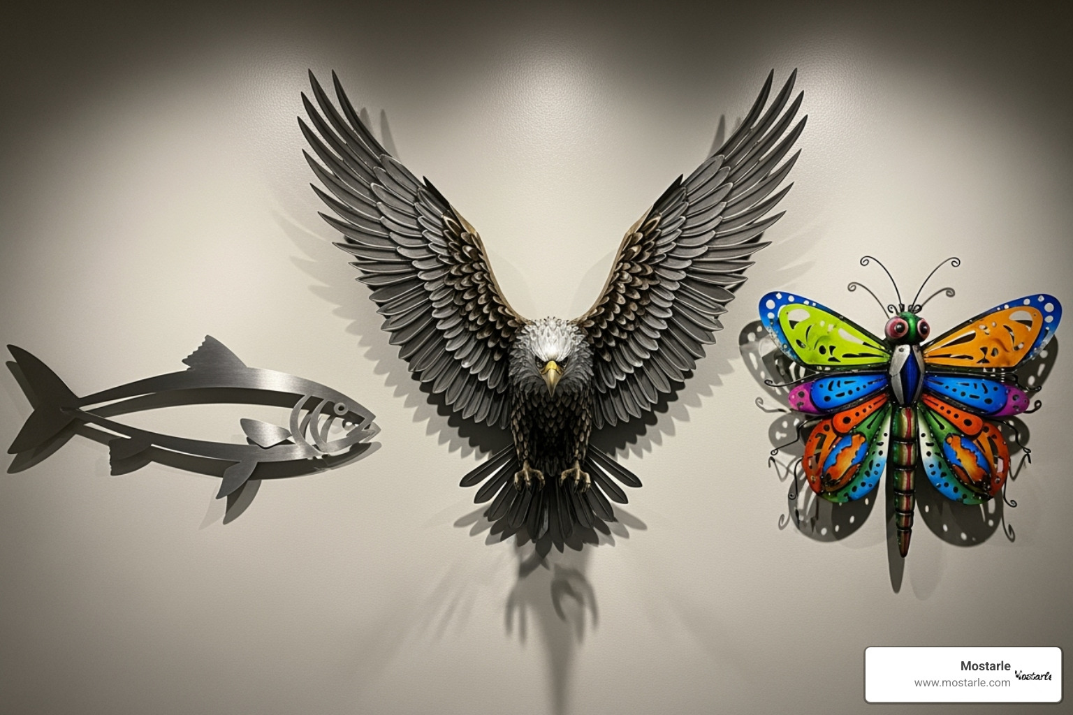 Different styles of metal animal wall art: a 3D metal eagle, a minimalist fish silhouette, and a colorful insect - Metal animal wall art Different styles of metal animal wall art: a 3D metal eagle, a minimalist fish silhouette, and a colorful insect - Metal animal wall art