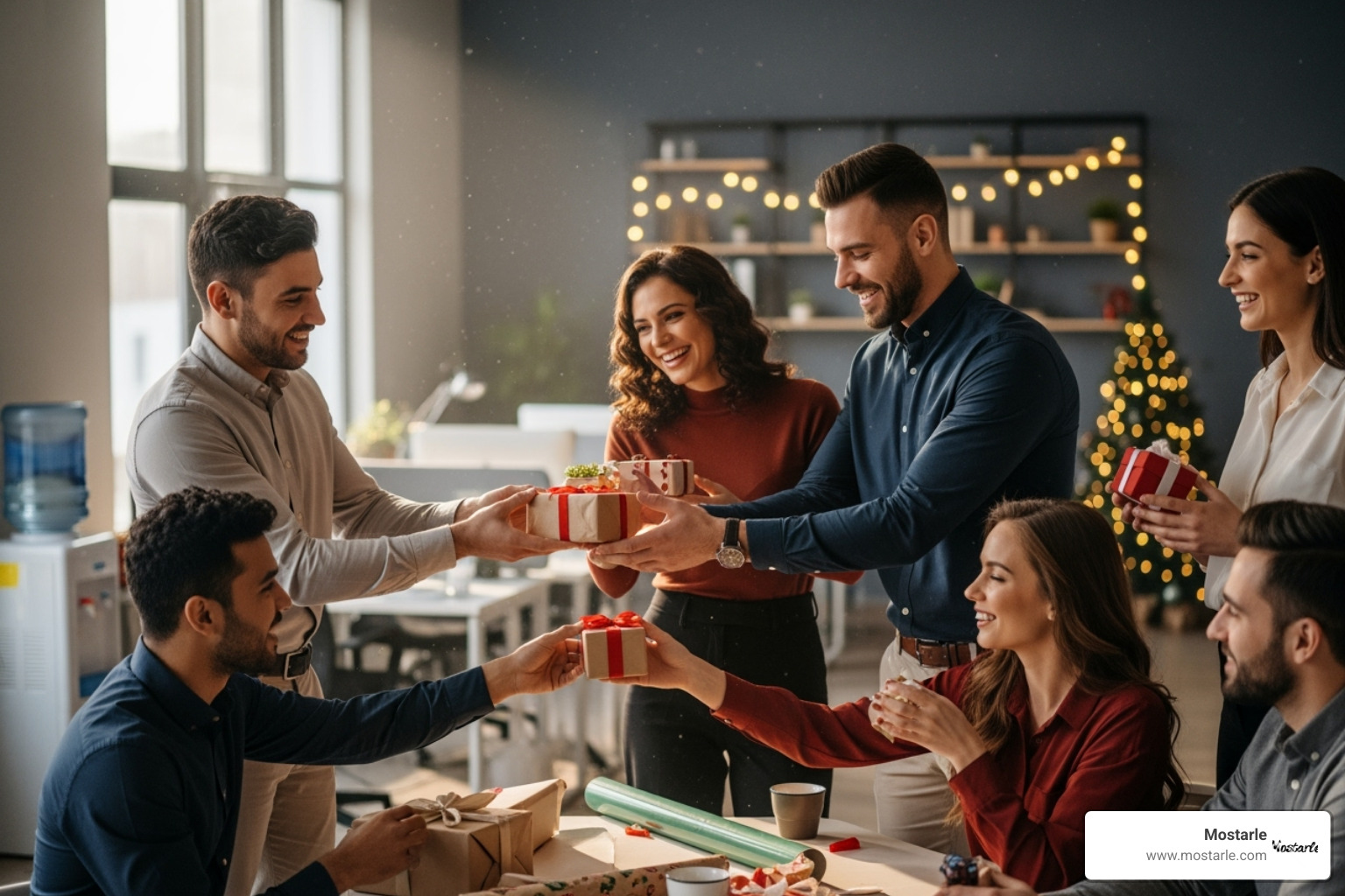 Group of coworkers happily exchanging small, appropriate gifts - unique christmas gifts for coworkers