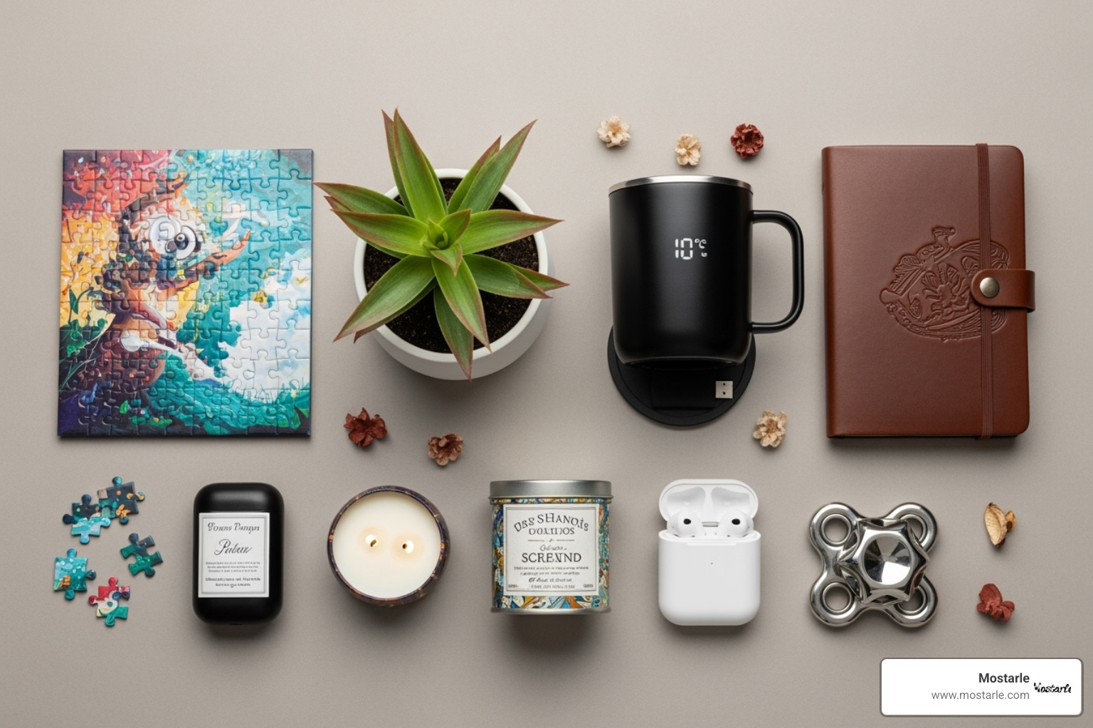 Flat-lay of various unique gifts like a desk plant, a smart mug, and a fun puzzle - unique christmas gifts for coworkers