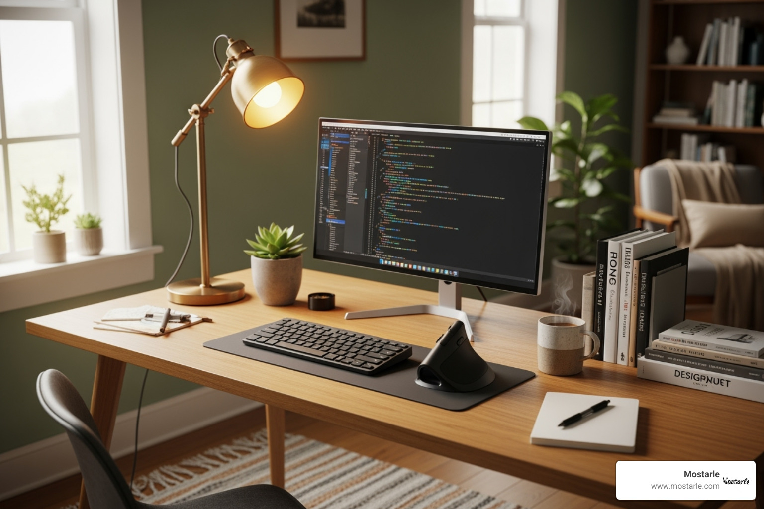 Cozy and productive desk setup with a nice lamp and an ergonomic item - unique christmas gifts for coworkers