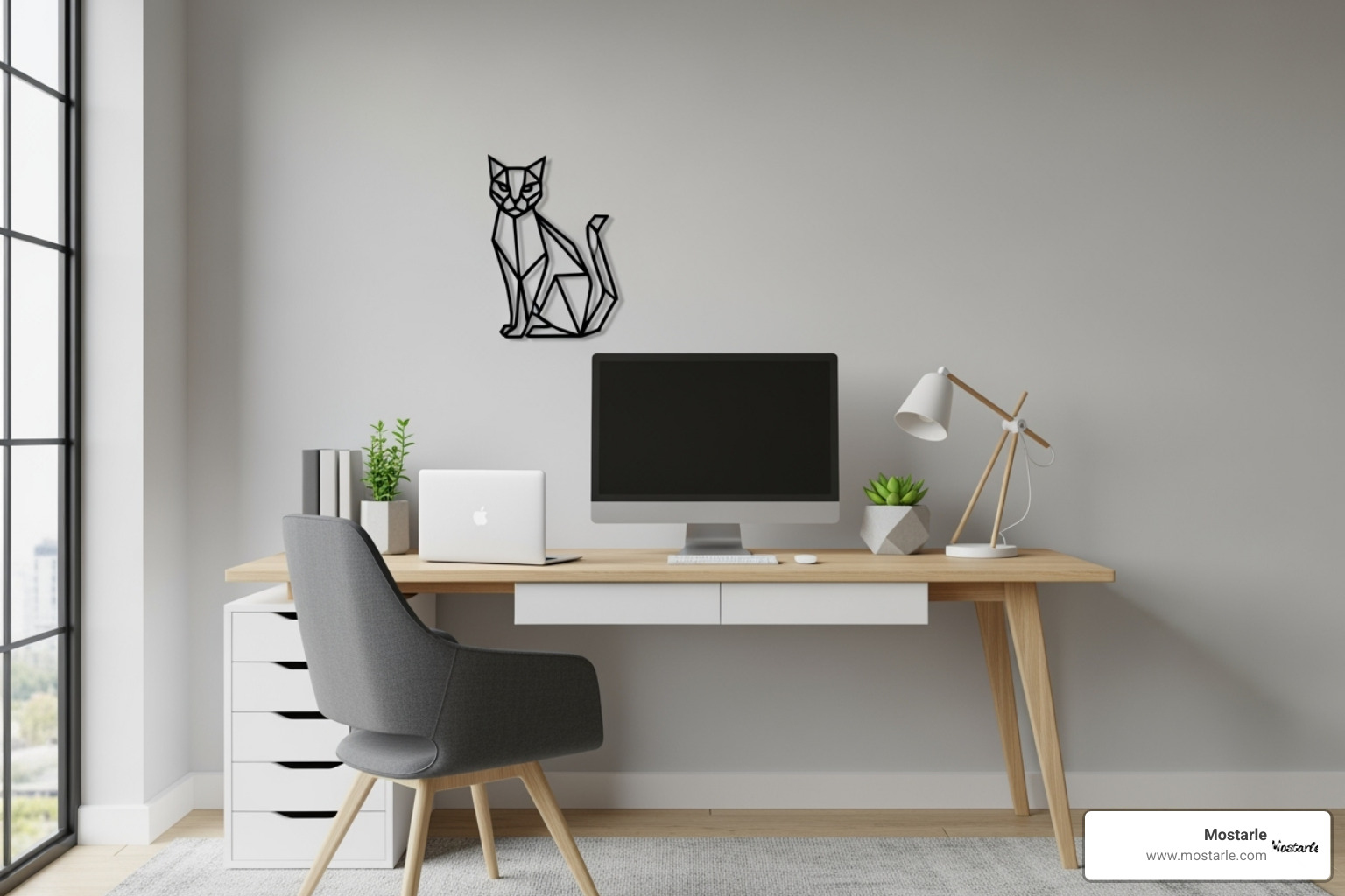 Modern minimalist office with a small, sleek geometric metal cat on the wall - Metal animal wall art Modern minimalist office with a small, sleek geometric metal cat on the wall - Metal animal wall art