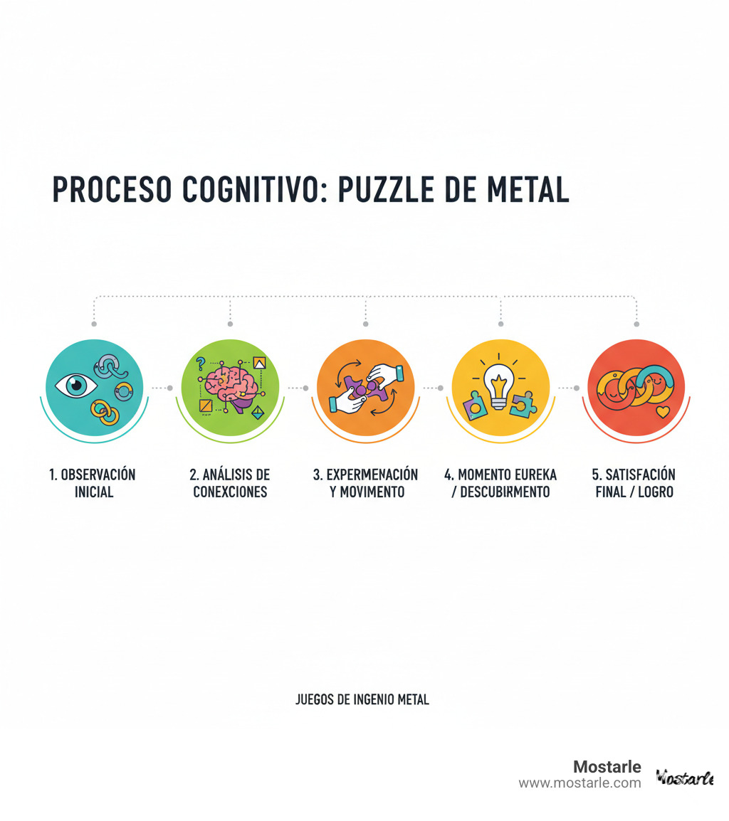 Infografía detallada mostrando el proceso cognitivo de resolver un puzzle de metal: observación inicial de las piezas, análisis de conexiones posibles, experimentación con movimientos, momento eureka de descubrimiento, y satisfacción final al completar el desafío - Juegos de ingenio metal infographic  Infografía detallada mostrando el proceso cognitivo de resolver un puzzle de metal: observación inicial de las piezas, análisis de conexiones posibles, experimentación con movimientos, momento eureka de descubrimiento, y satisfacción final al completar el desafío - Juegos de ingenio metal infographic