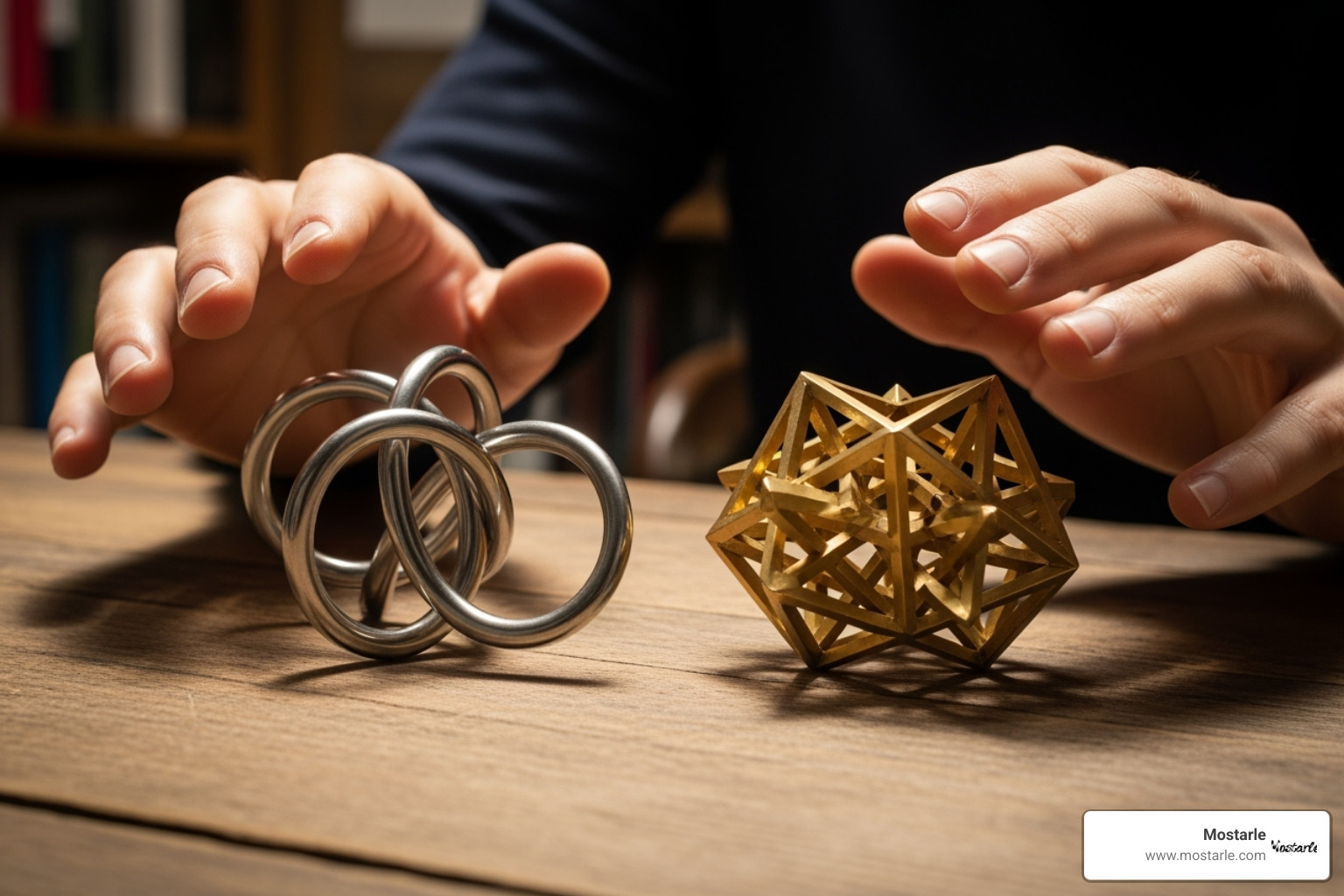Una persona eligiendo entre dos puzzles de metal Mostarle, uno sencillo y otro geométrico complejo, simbolizando la decisión entre dificultad y estilo - Juegos de ingenio metal Una persona eligiendo entre dos puzzles de metal Mostarle, uno sencillo y otro geométrico complejo, simbolizando la decisión entre dificultad y estilo - Juegos de ingenio metal