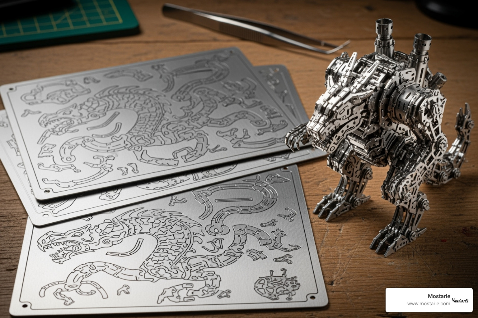 Un kit de modelo 3D de metal Mostarle desmontado junto al producto terminado, mostrando la transformación de láminas a una figura detallada - Juegos de ingenio metal Un kit de modelo 3D de metal Mostarle desmontado junto al producto terminado, mostrando la transformación de láminas a una figura detallada - Juegos de ingenio metal