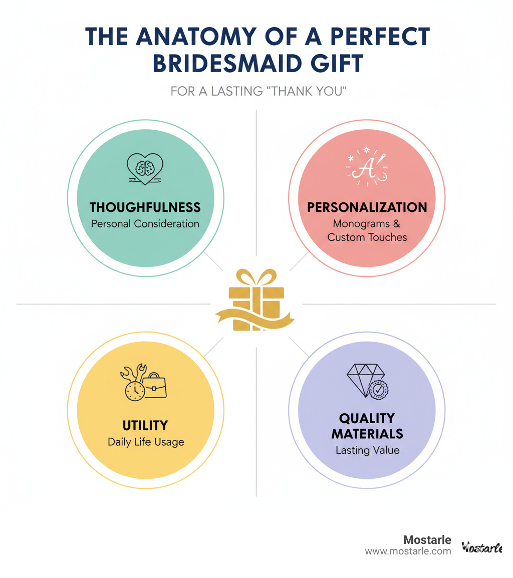Infographic showing the anatomy of a perfect bridesmaid gift with four key elements: thoughtfulness through personal consideration, personalization with monograms or custom touches, utility for daily life usage, and quality materials for lasting value - unique bridal party gifts infographic 
