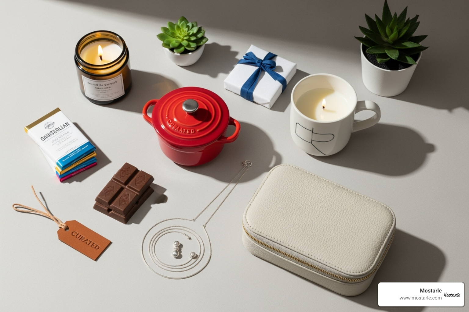 flat lay of various unique gifts like a mini cocotte, a stylish mug, and a travel jewelry case - unique bridal party gifts