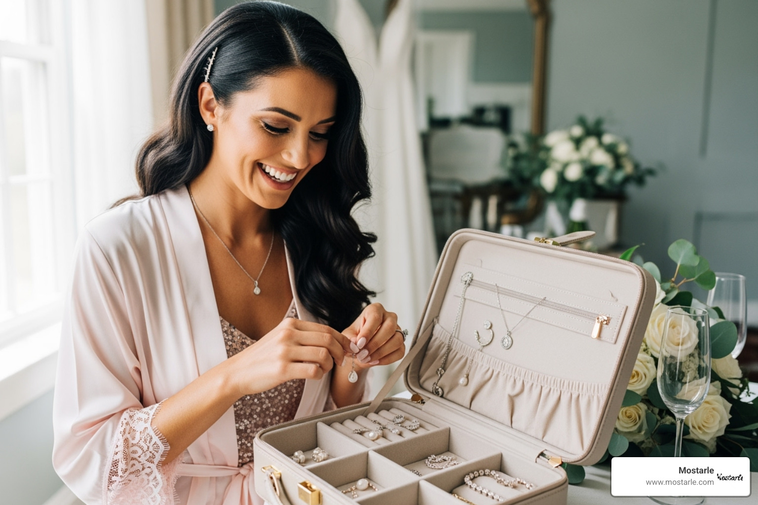 bridesmaid happily using a gifted travel case - unique bridal party gifts