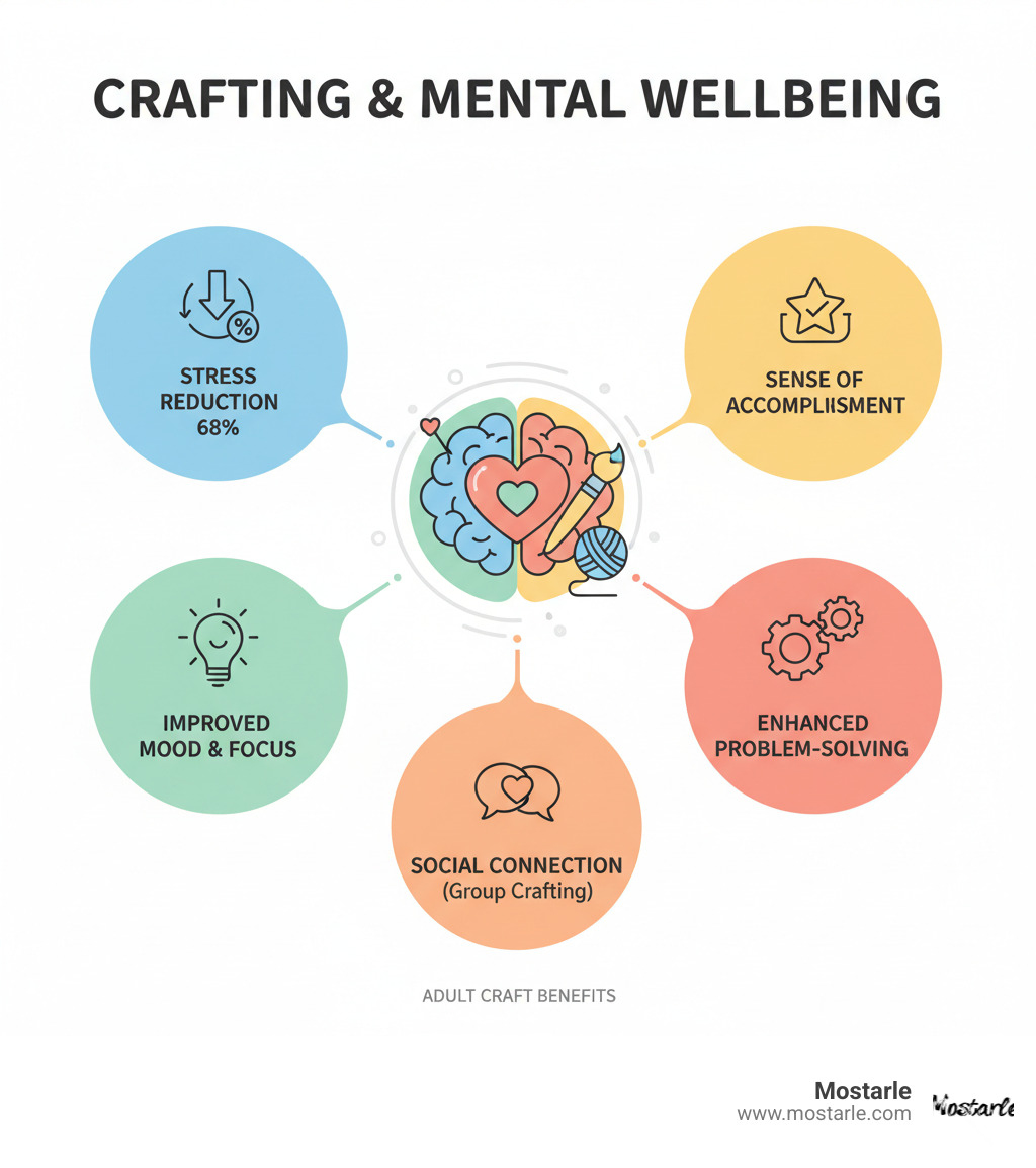 Infographic showing the mental health benefits of adult crafting including stress reduction by 68%, improved mood and focus, improved problem-solving skills, increased sense of accomplishment, and social connection opportunities through group crafting activities - Adult craft activities infographic 