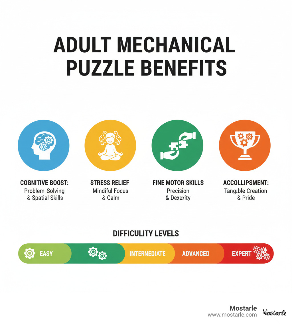 Benefits of mechanical puzzles for adults including cognitive improvement, stress relief, fine motor skill development, and sense of accomplishment with difficulty levels from easy to expert - mechanical puzzle for adults infographic 