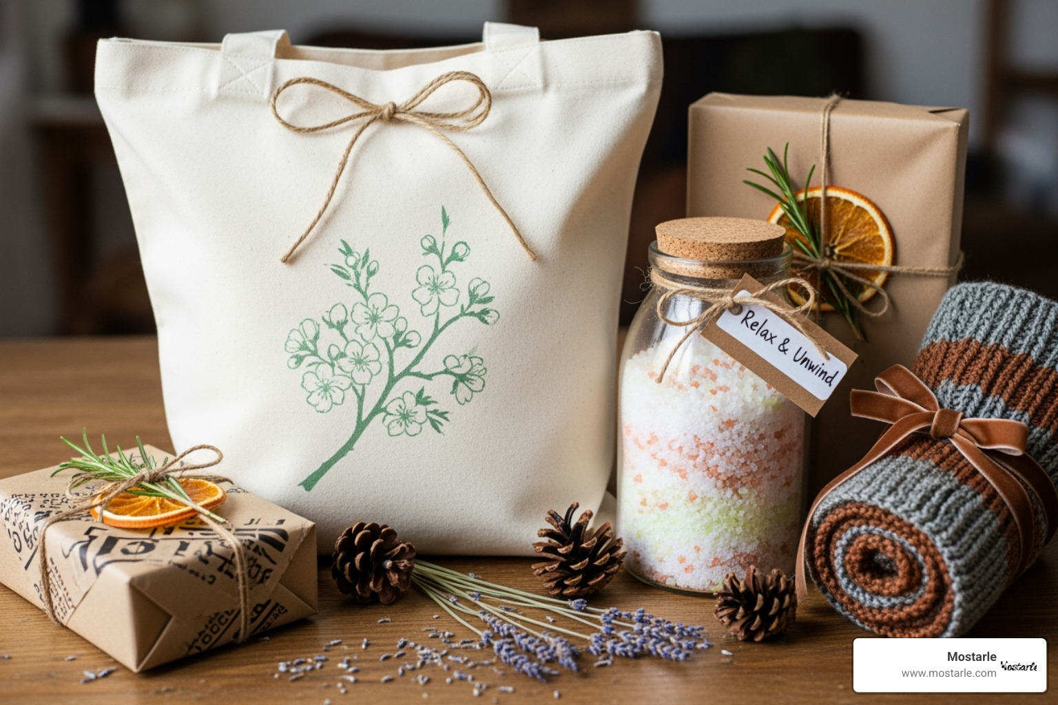 Beautifully wrapped handmade gifts, like a stenciled tote bag and a jar of bath salts. - Adult craft activities